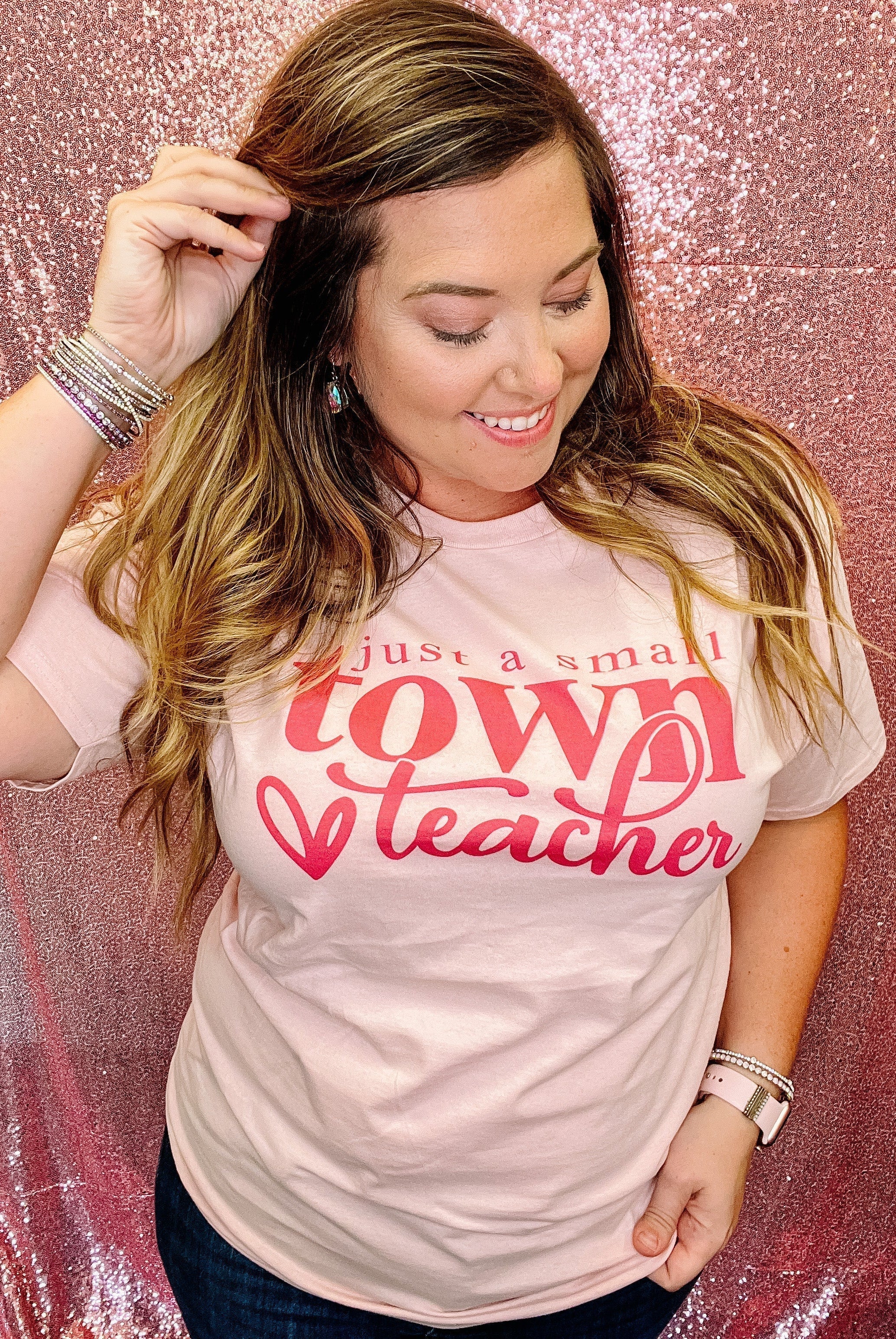 Just a Small Town Teacher Tee-Graphic Tops-Dear Me Southern Boutique, located in DeRidder, Louisiana