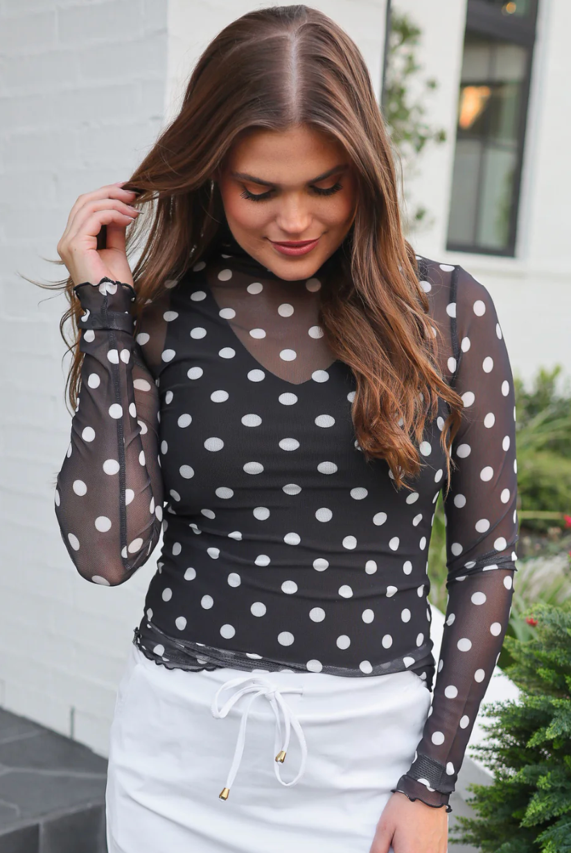 Keigan Mesh Top - After Dark Polka Dot-Blouses-Dear Me Southern Boutique, located in DeRidder, Louisiana