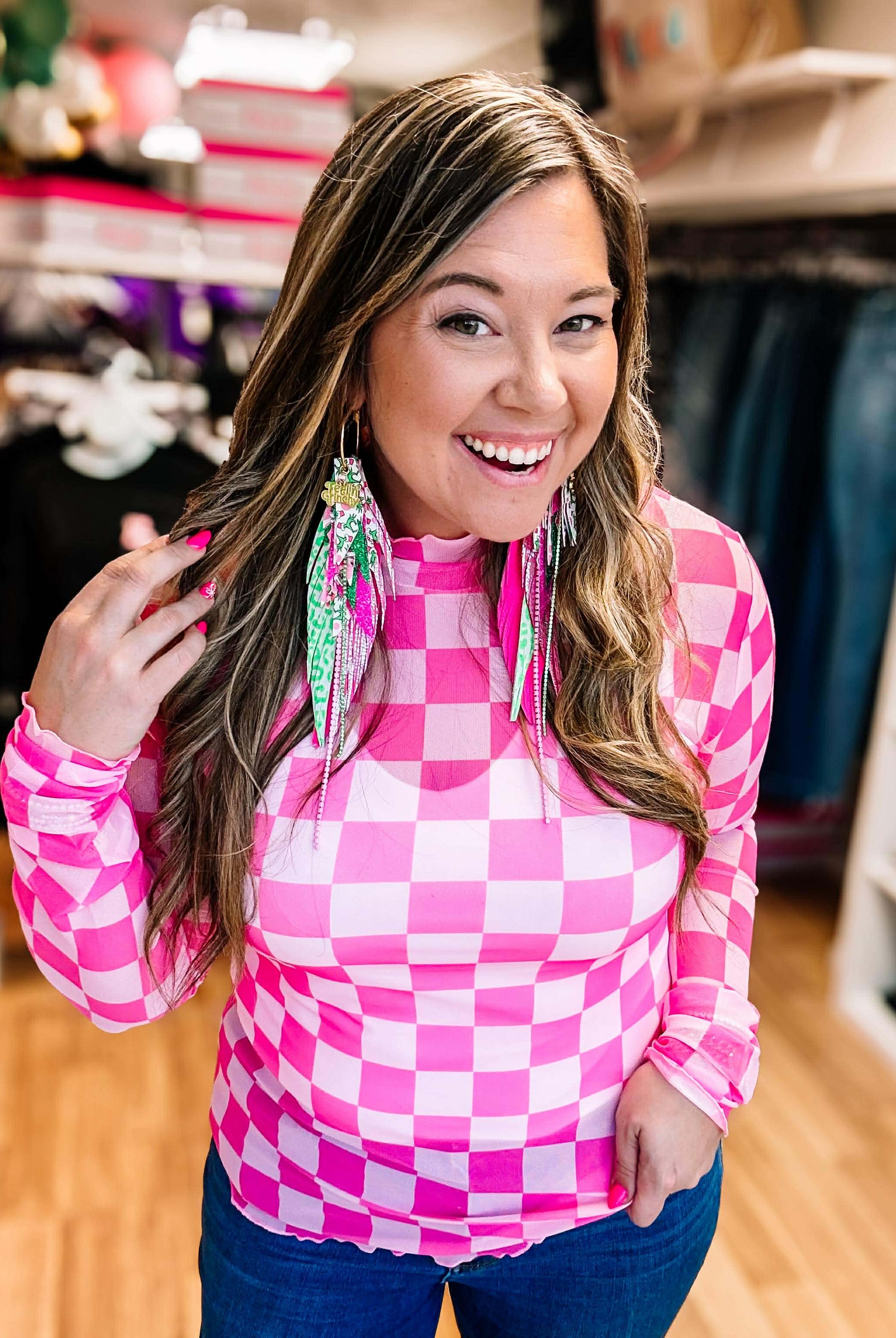 Keigan Mesh Top -Bubblegum Checkered-Blouses-Dear Me Southern Boutique, located in DeRidder, Louisiana