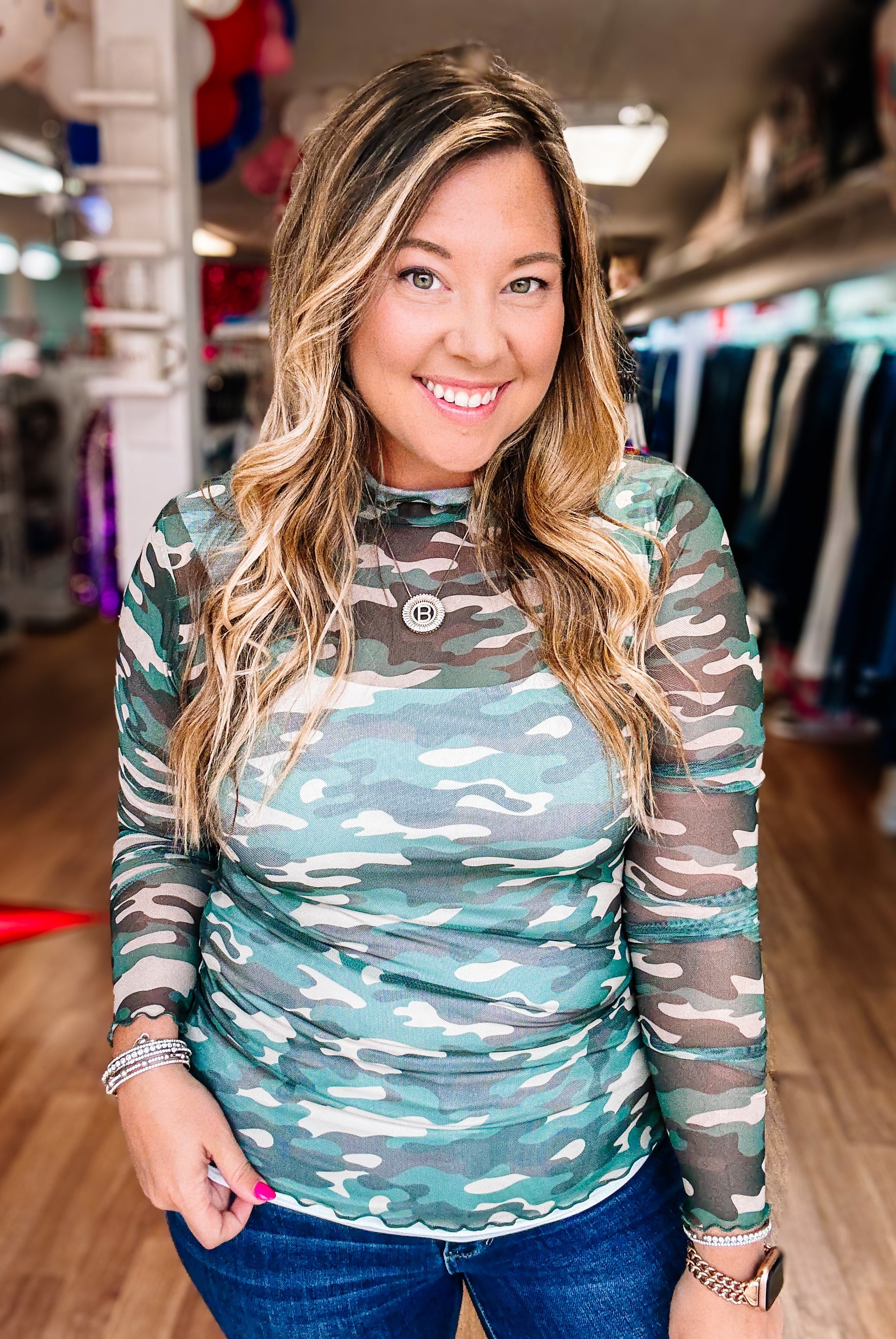 Keigan Mesh Top, Green Camo-Blouses-Dear Me Southern Boutique, located in DeRidder, Louisiana