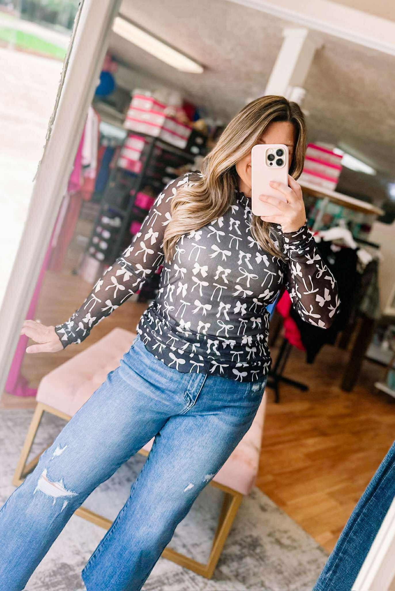 Keigan Mesh Top, White Bows-Blouses-Dear Me Southern Boutique, located in DeRidder, Louisiana