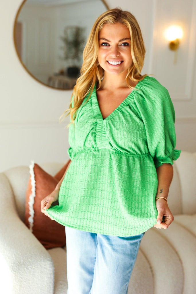 Kelly Green Textured V Neck Babydoll Top-Dear Me Southern Boutique, located in DeRidder, Louisiana