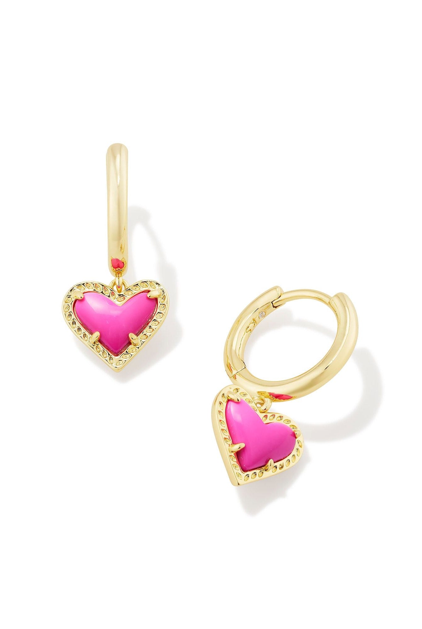 Kendra Scott Ari Heart Gold Huggie Earrings in Neon Pink Magnesite-Jewelry-Dear Me Southern Boutique, located in DeRidder, Louisiana