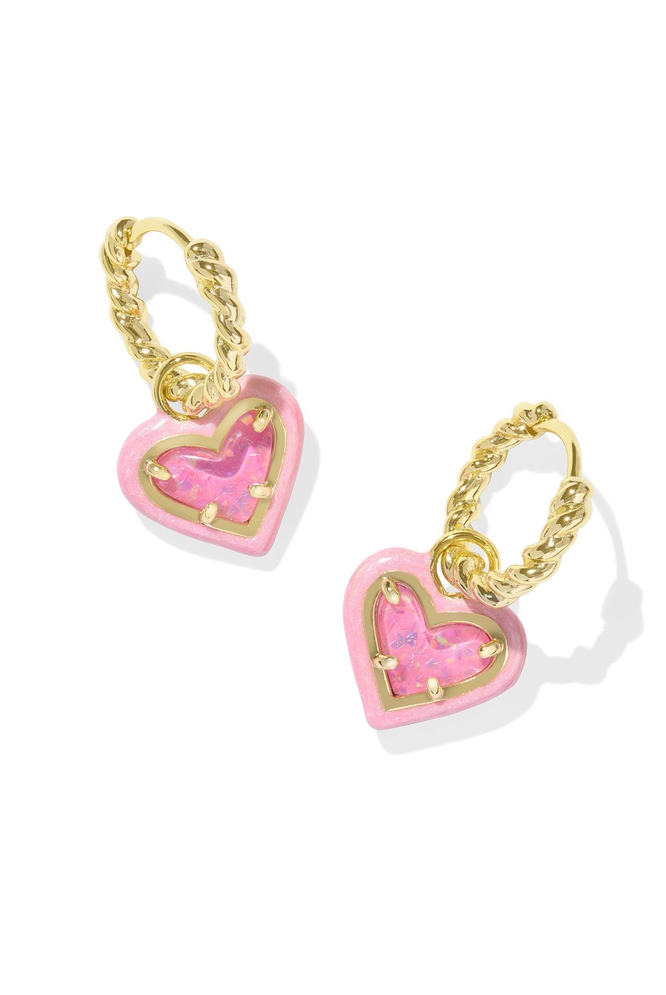 Kendra Scott Ari Heart Huggie Earrings Gold Enamel - Pink Iridescent Glitter Glass-Jewelry-Dear Me Southern Boutique, located in DeRidder, Louisiana