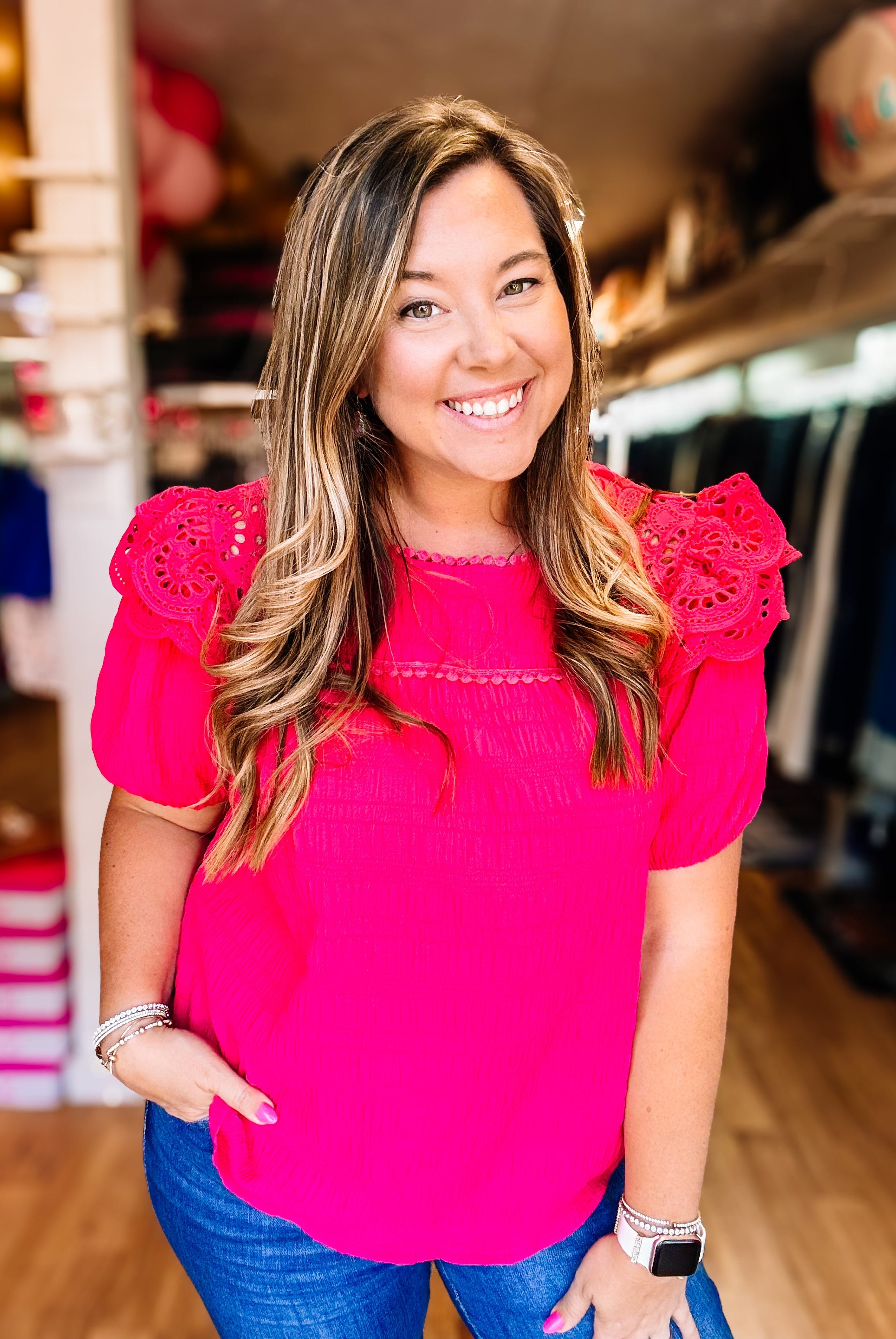Kimber Eyelet Top-Pink-Blouses-Dear Me Southern Boutique, located in DeRidder, Louisiana