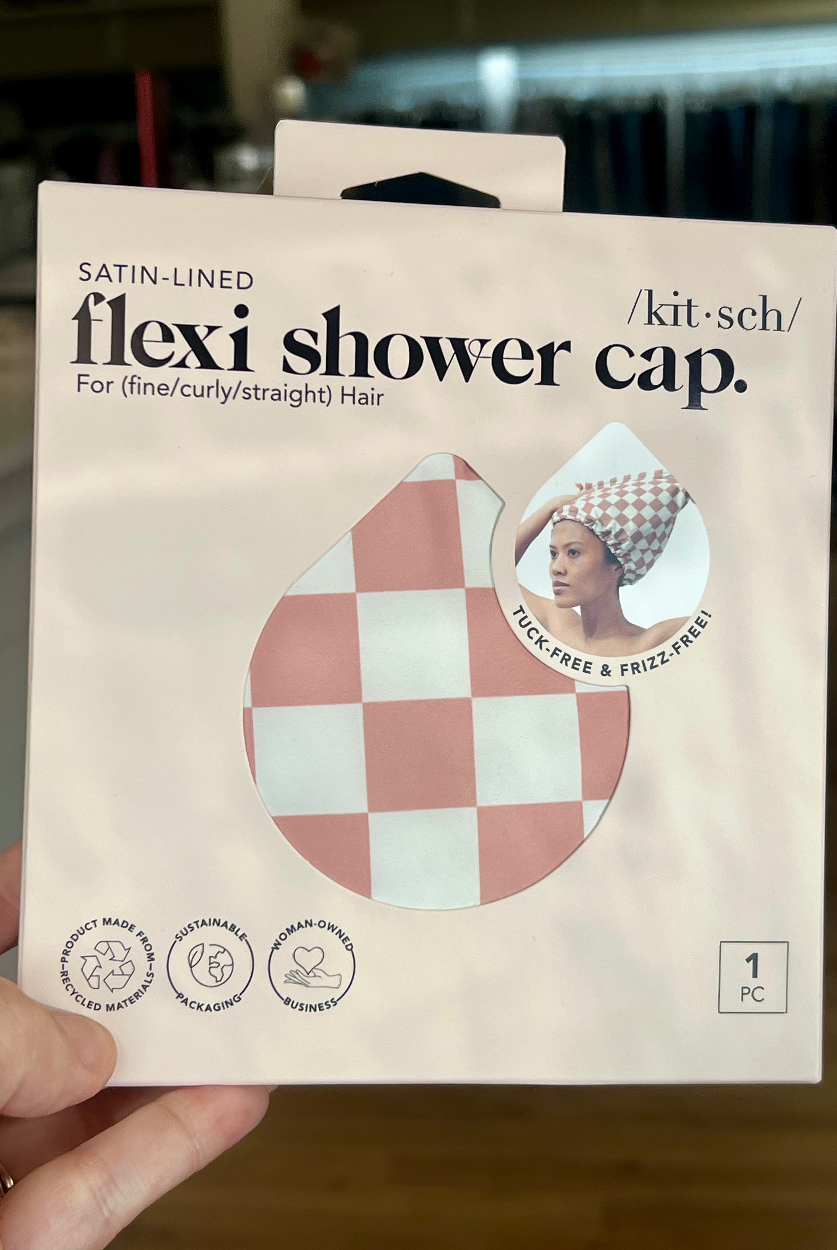 Kit-sch Flexi Shower Cap-Terracotta Checkered-Health/Beauty-Dear Me Southern Boutique, located in DeRidder, Louisiana