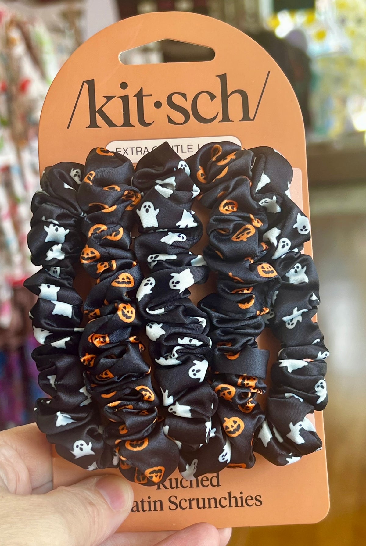 Kit-sch Ghost and Pumpkins Ruched Satin Scrunchies-Hair accessories-Dear Me Southern Boutique, located in DeRidder, Louisiana
