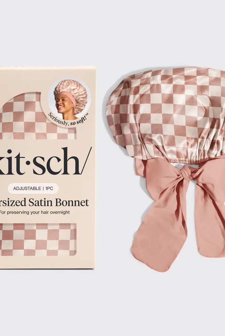 Kit-sch Oversized Satin Bonnet-Terracotta Checkered-Health/Beauty-Dear Me Southern Boutique, located in DeRidder, Louisiana