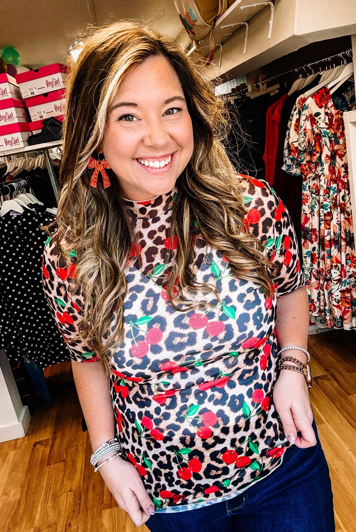 Kora Short Sleeve Mesh Top- Cherries Gone Wild-Dear Me Southern Boutique, located in DeRidder, Louisiana