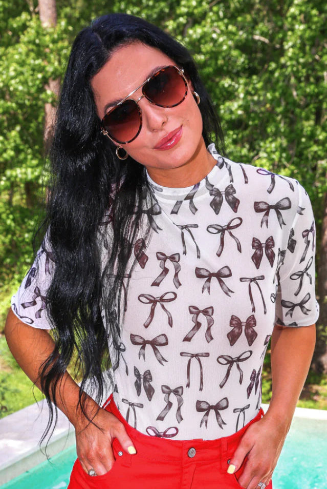 Kora Short Sleeve Mesh Top- Midnight Bow-Top-Dear Me Southern Boutique, located in DeRidder, Louisiana