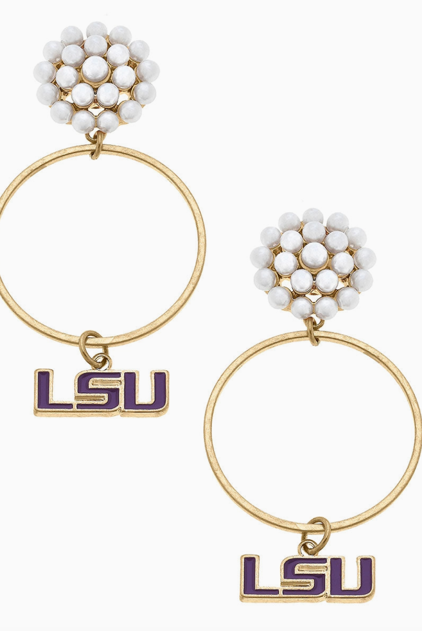 LSU Pearl Cluster Enamel Hoop Earrings-Earrings-Dear Me Southern Boutique, located in DeRidder, Louisiana