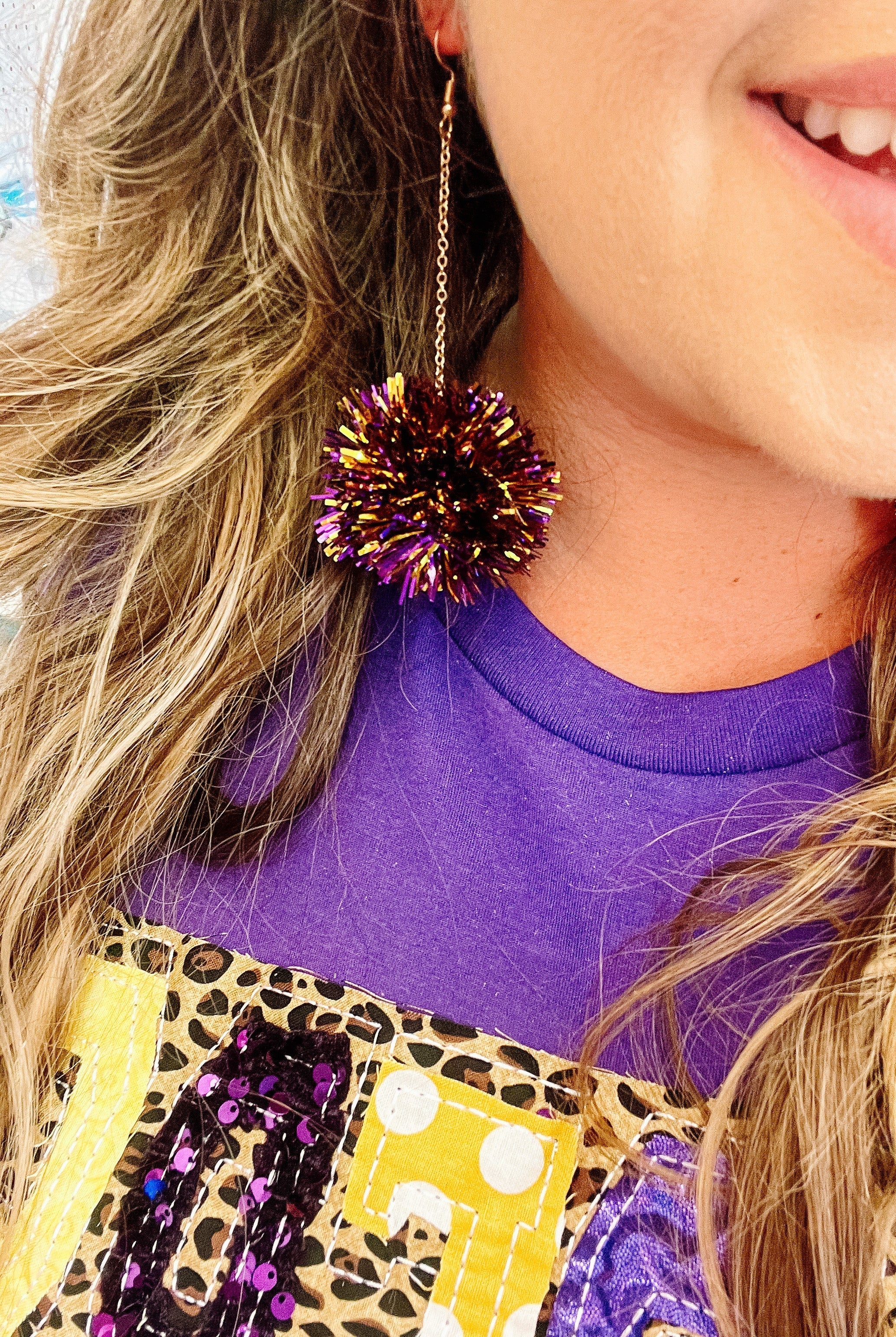 LSU Pom Tinsel Dangles-Earrings-Dear Me Southern Boutique, located in DeRidder, Louisiana