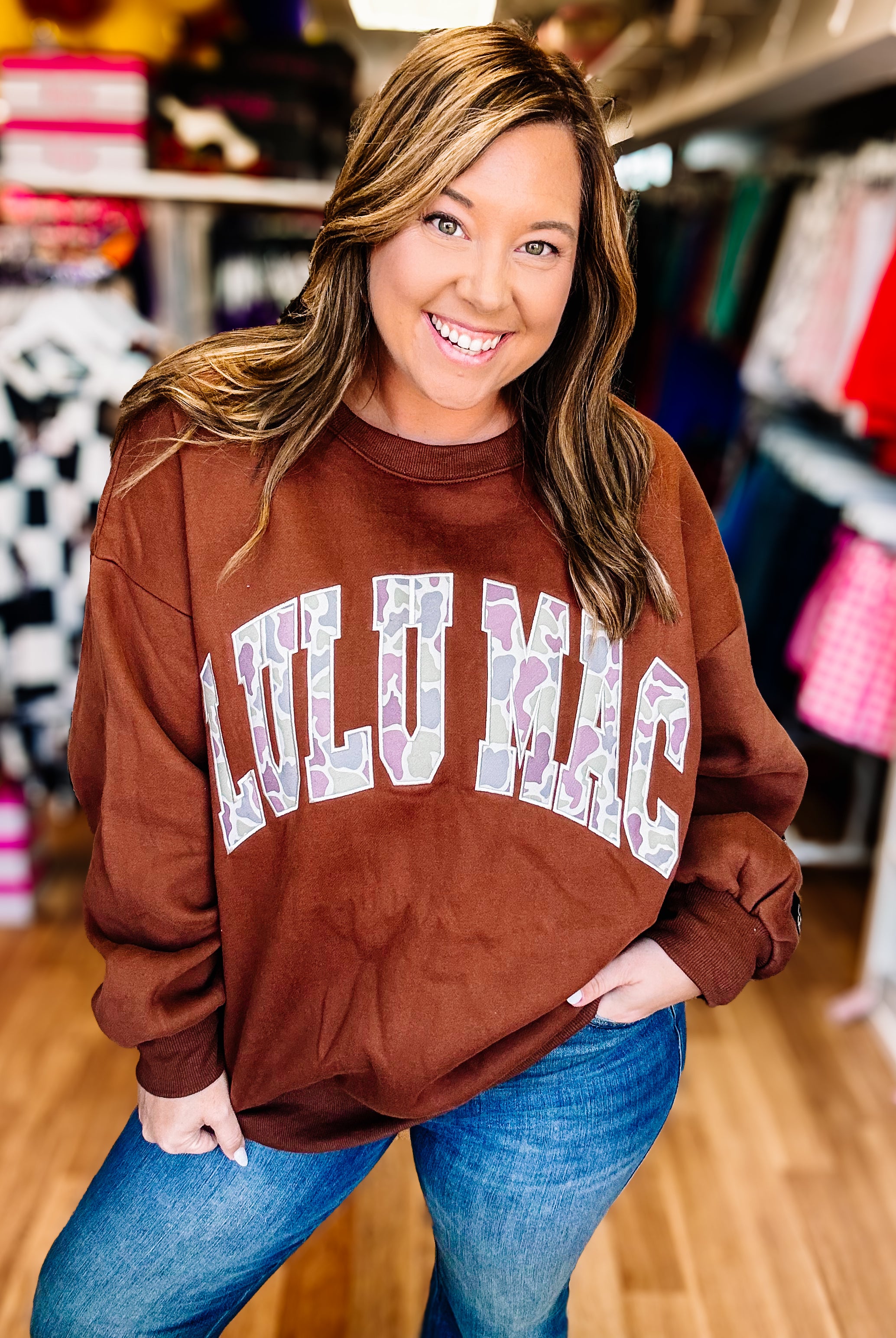 LULU MAC Cozy Embroidered Sweatshirt - Chocolate/Camo-Sweatshirt-Dear Me Southern Boutique, located in DeRidder, Louisiana