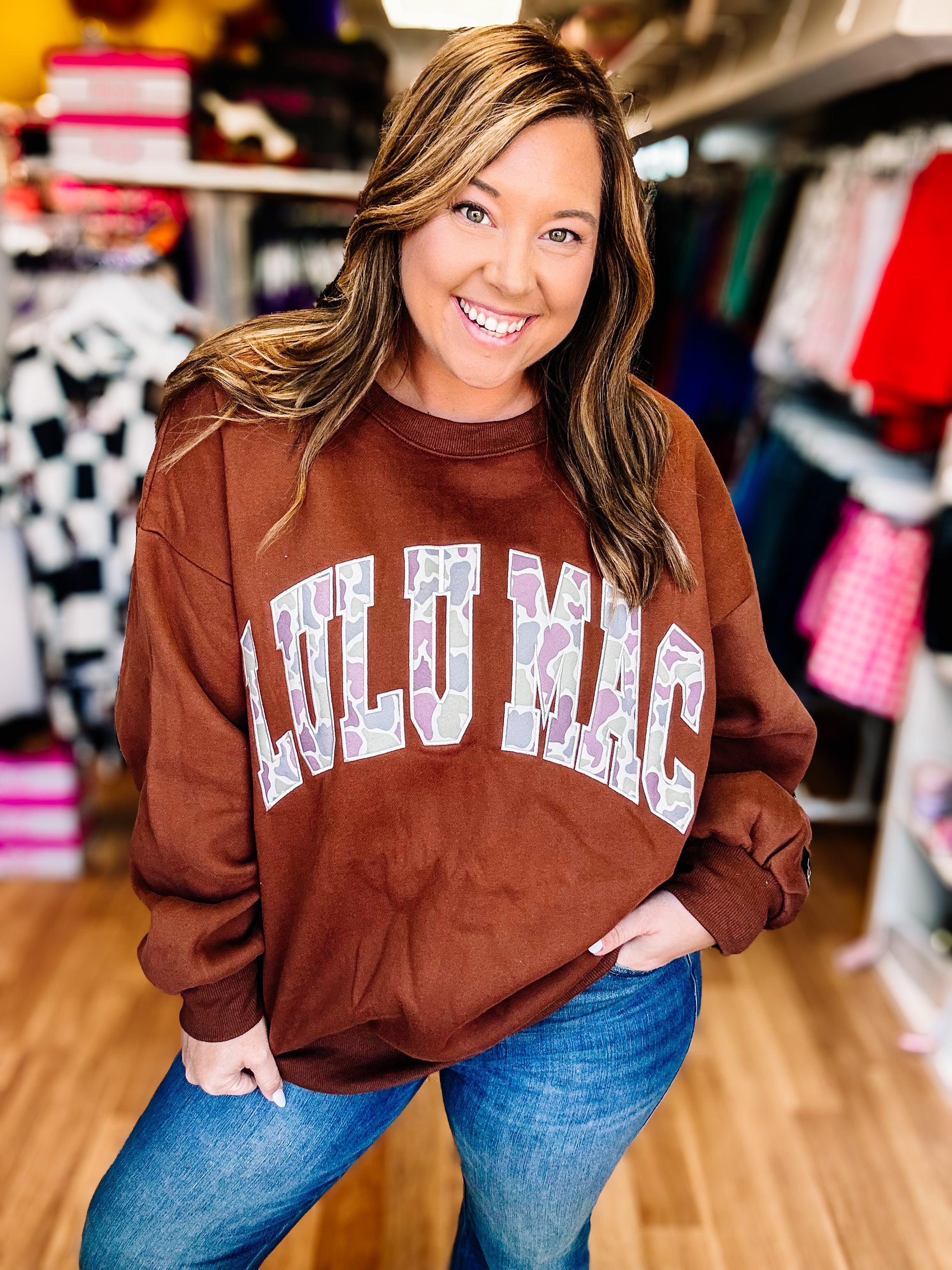 LULU MAC Cozy Embroidered Sweatshirt - Chocolate/Camo-Sweatshirt-Dear Me Southern Boutique, located in DeRidder, Louisiana
