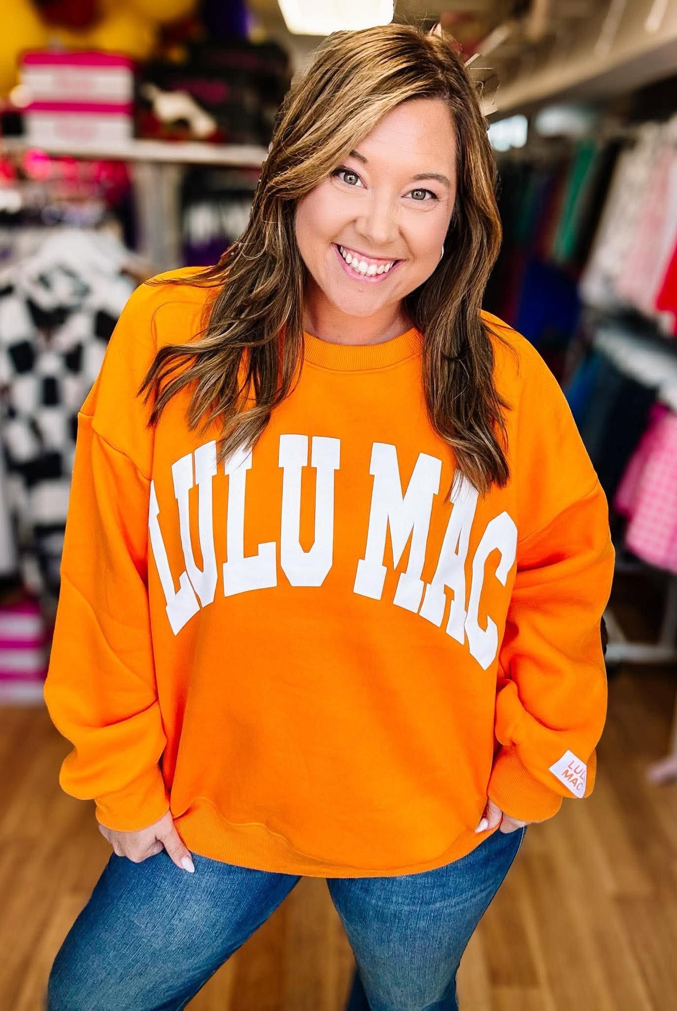 LULU MAC Cozy Embroidered Sweatshirt - Orange/White-Sweatshirt-Dear Me Southern Boutique, located in DeRidder, Louisiana