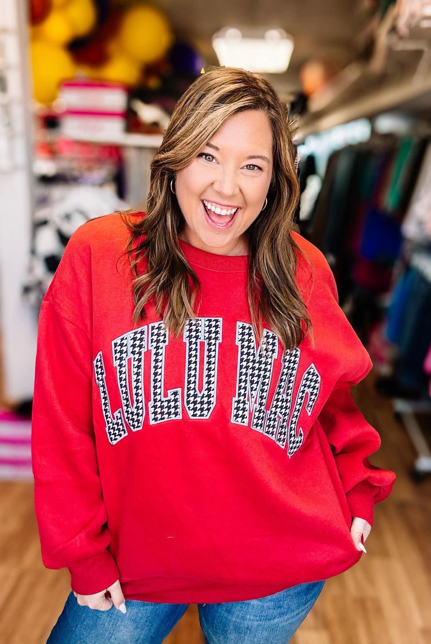 LULU MAC Cozy Embroidered Sweatshirt - Red/Houndstooth-Sweatshirt-Dear Me Southern Boutique, located in DeRidder, Louisiana