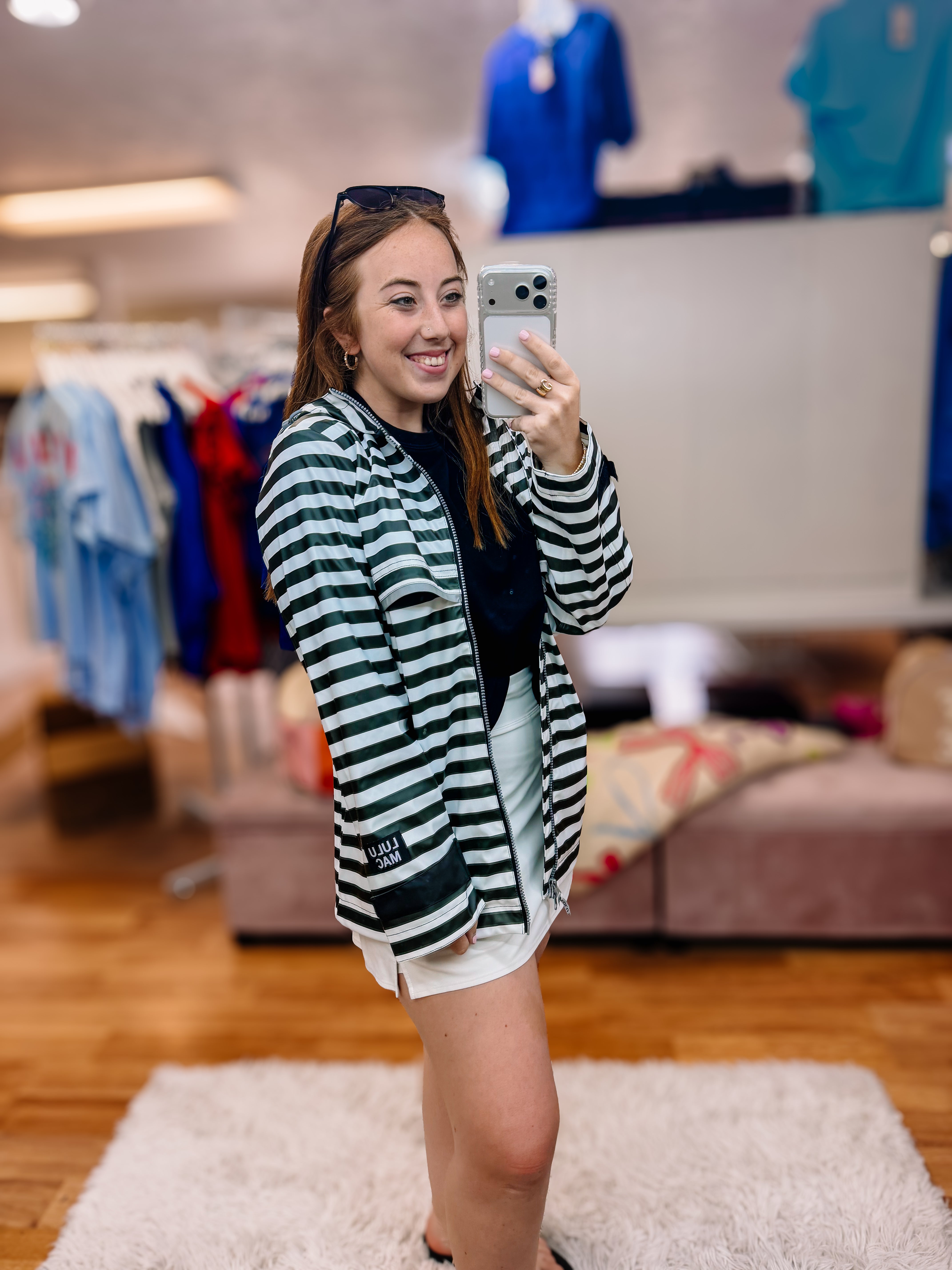 LULU MAC Stripe Me Lucky Rain Jacket- Black/White-Jackets-Dear Me Southern Boutique, located in DeRidder, Louisiana
