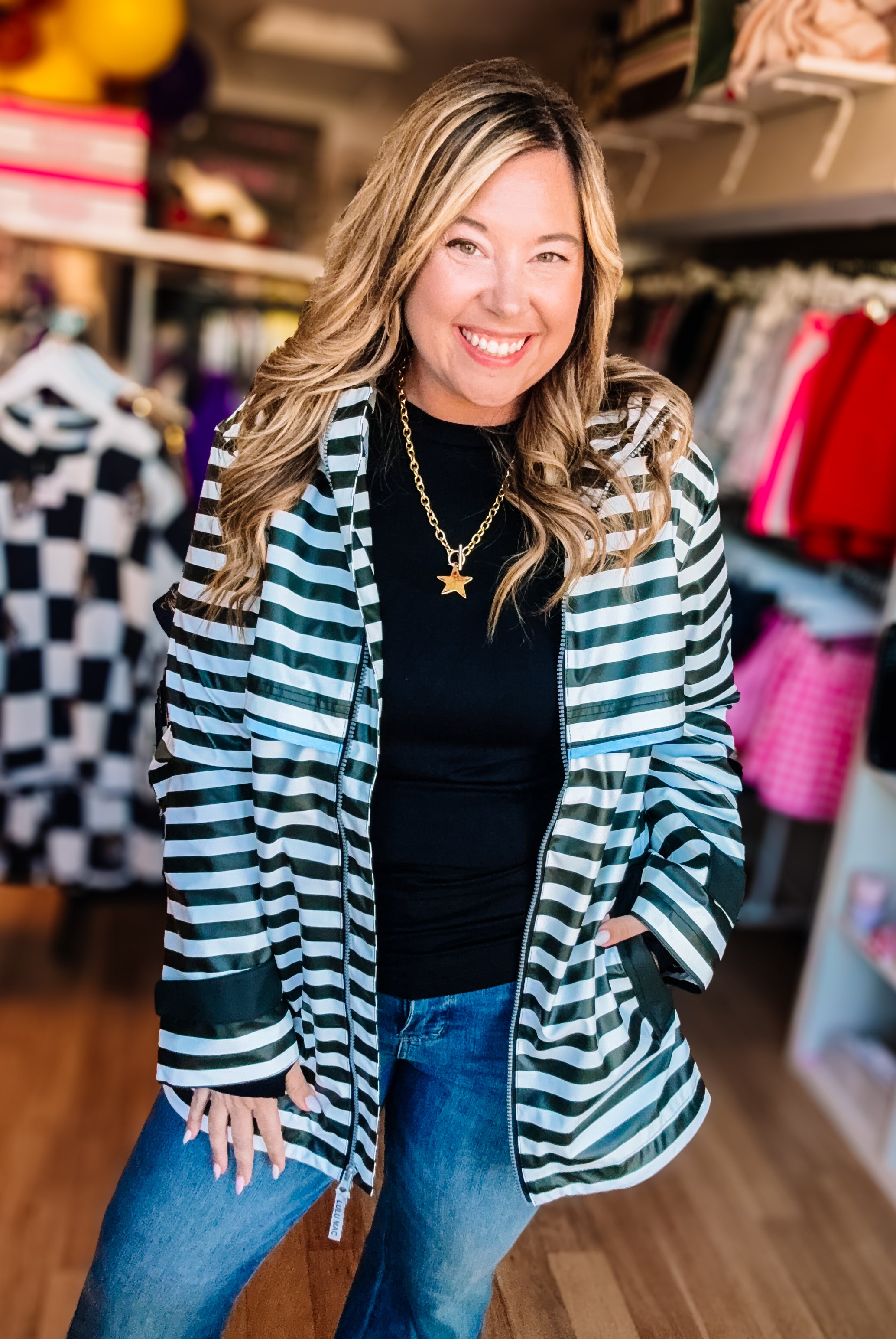 LULU MAC Stripe Me Lucky Rain Jacket- Black/White-Jackets-Dear Me Southern Boutique, located in DeRidder, Louisiana