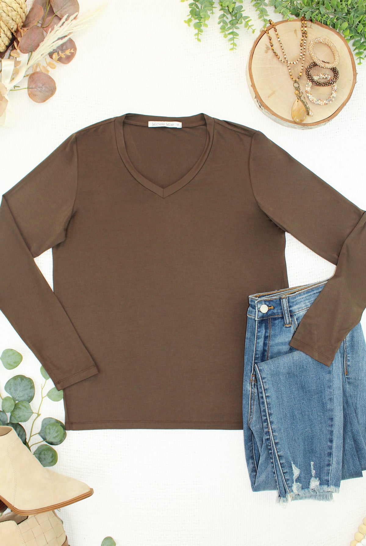 Larissa Long Sleeve - Brown-Tops-Dear Me Southern Boutique, located in DeRidder, Louisiana