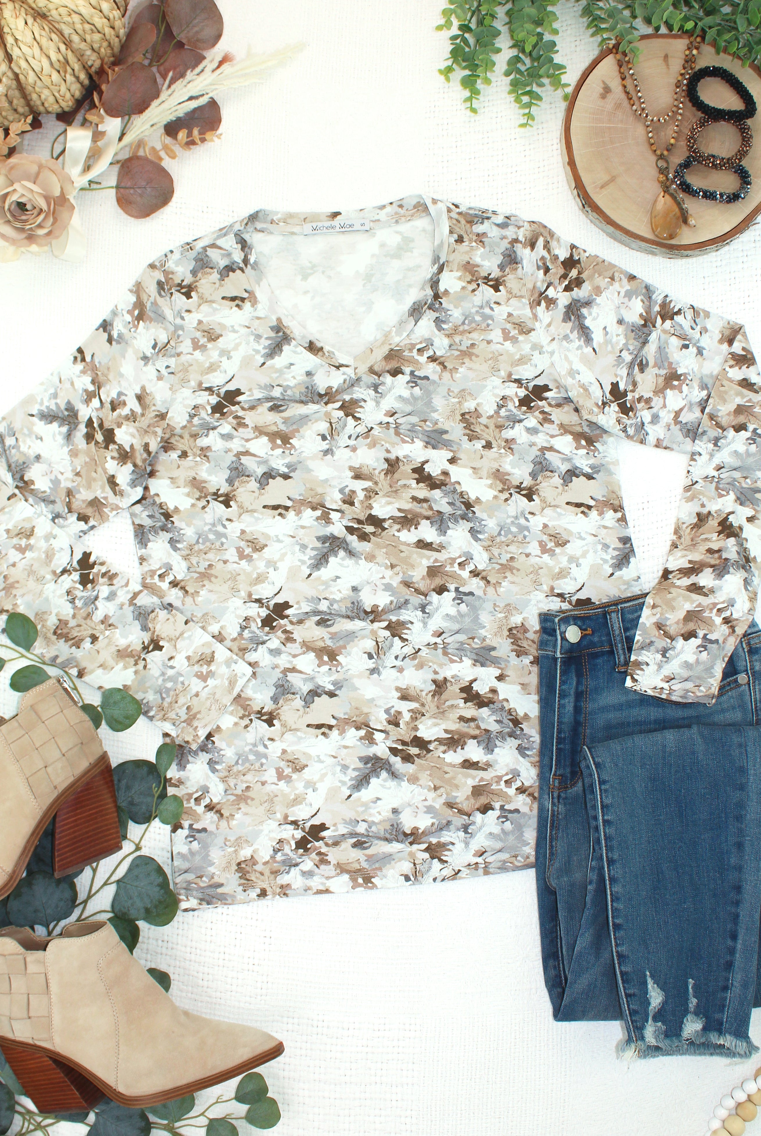 Larissa Long Sleeve - Neutral Leaves-Tops-Dear Me Southern Boutique, located in DeRidder, Louisiana