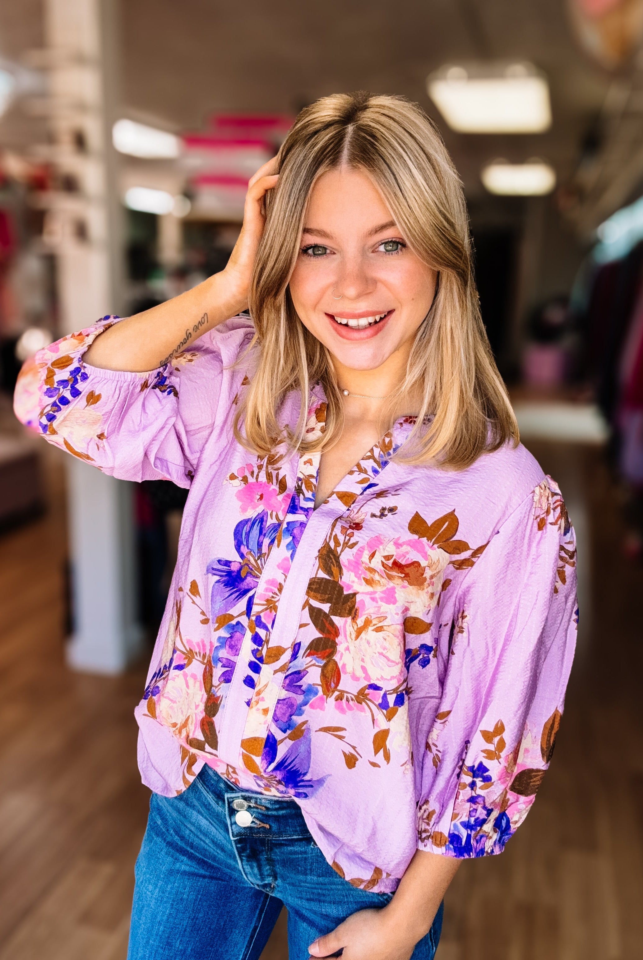 Lavender Daydream Floral Blouse-Blouses-Dear Me Southern Boutique, located in DeRidder, Louisiana