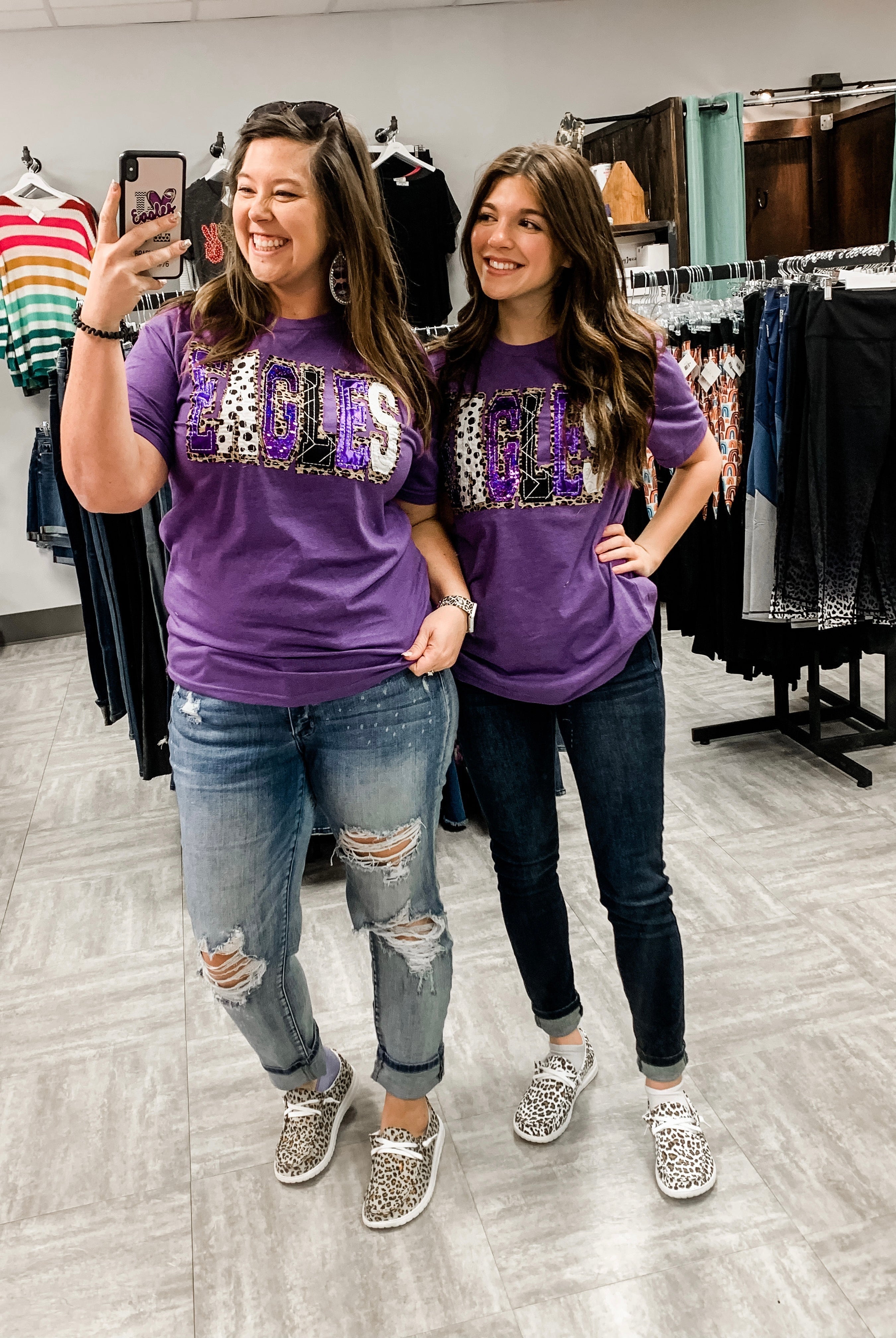 Leopard & Sequin Eagles Spirit Tee-Graphic Tops-Dear Me Southern Boutique, located in DeRidder, Louisiana
