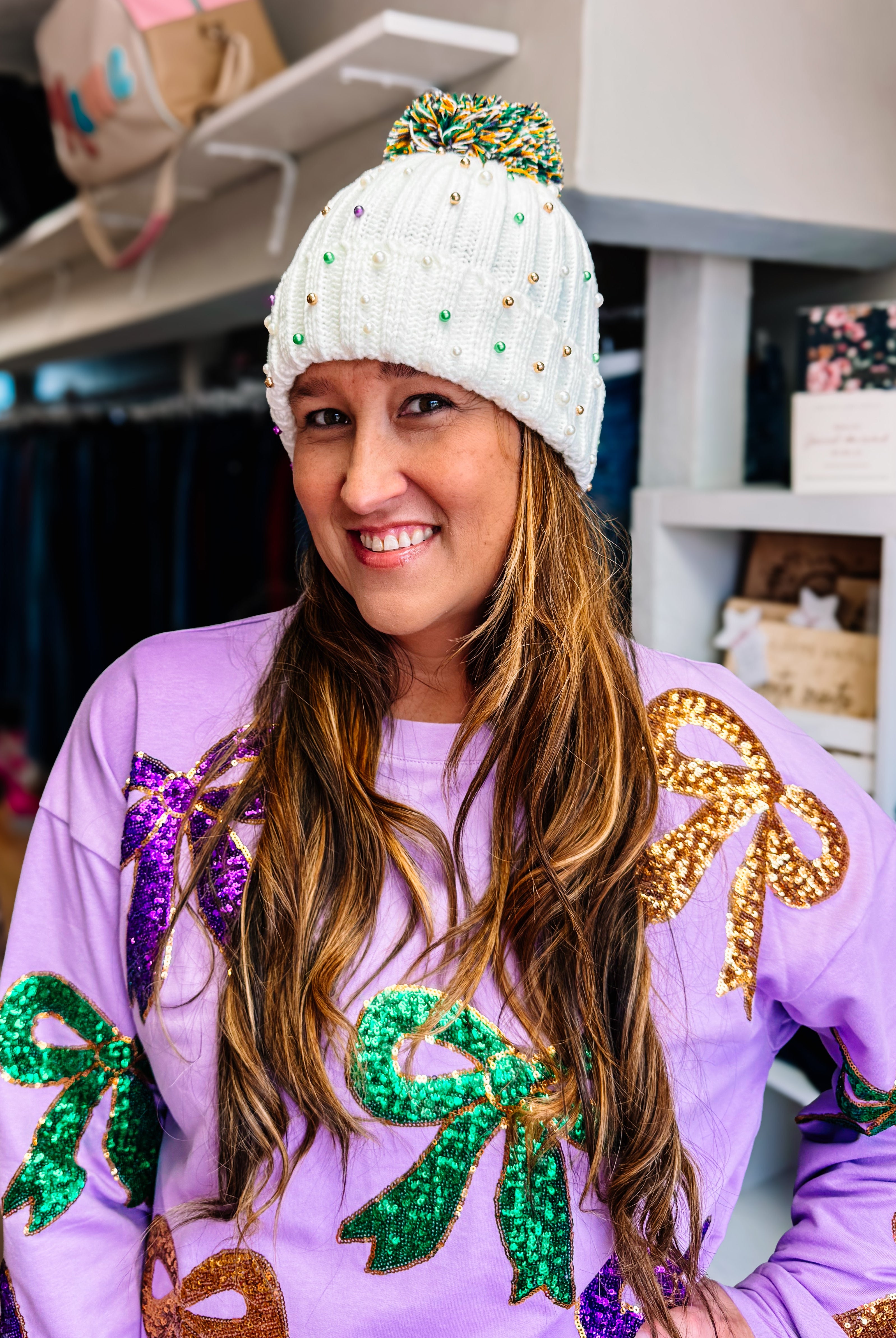 Let the Good Beads Roll Mardi Gras Beanie-Dear Me Southern Boutique, located in DeRidder, Louisiana