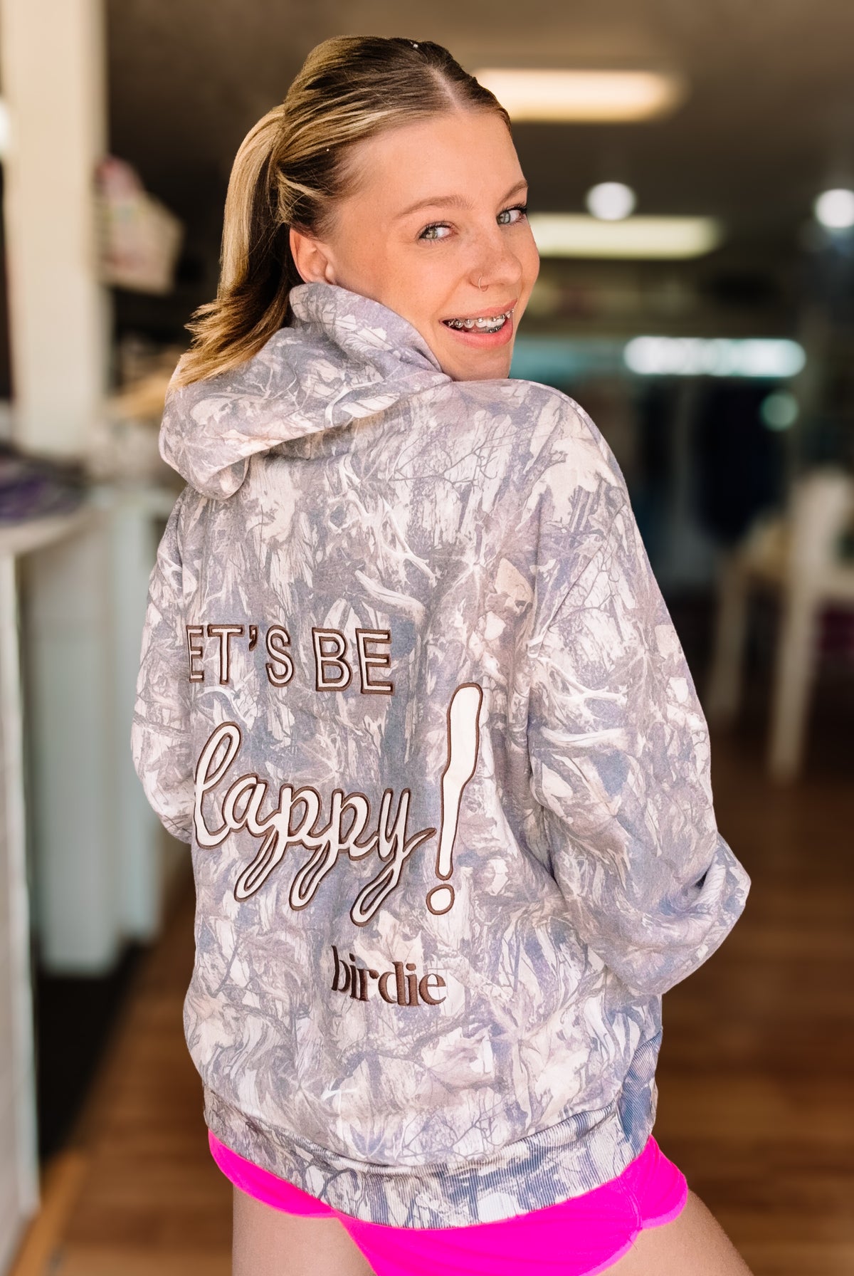 Let's Be Happy Dark Camo Hoodie-Sweatshirts-Dear Me Southern Boutique, located in DeRidder, Louisiana
