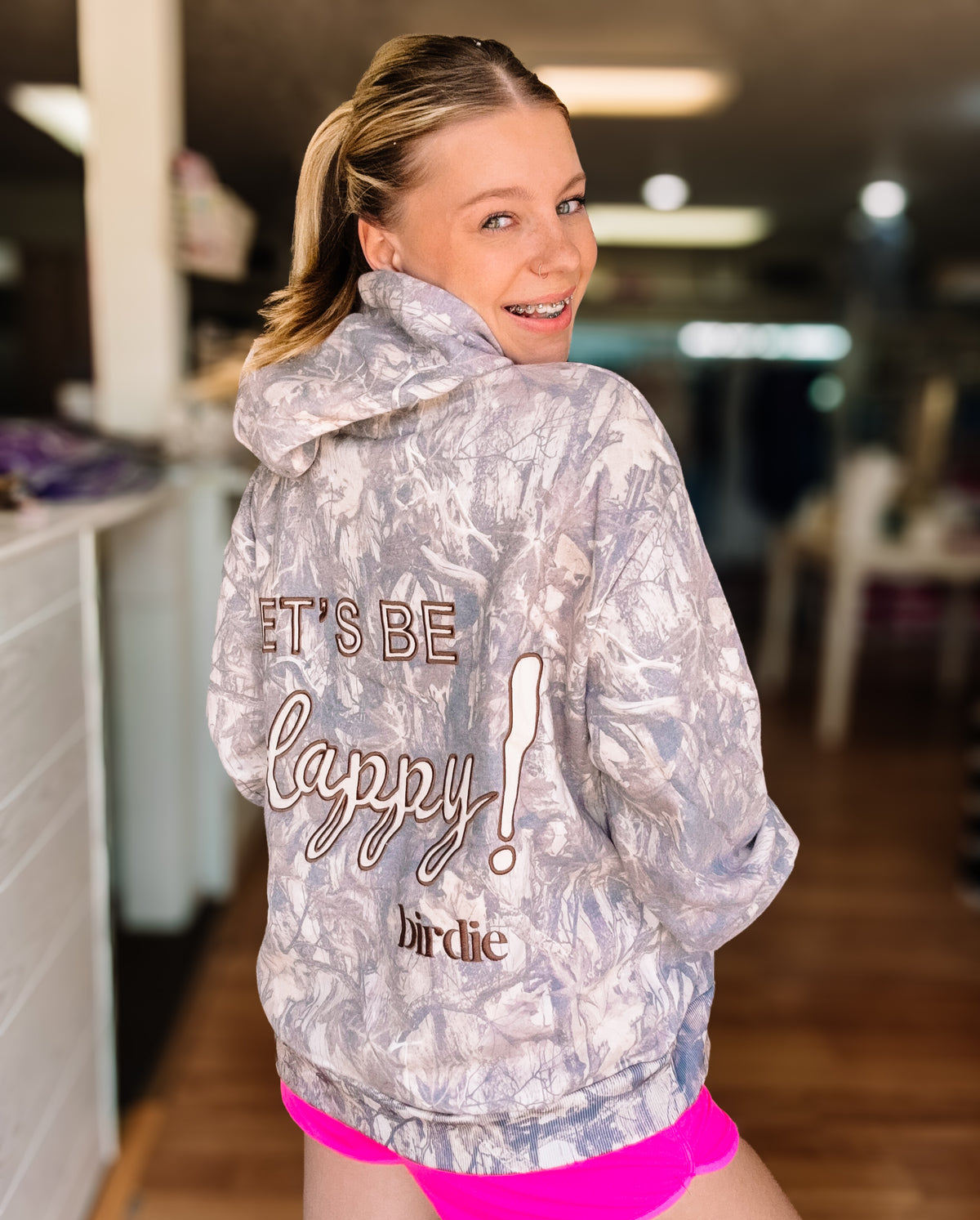 Let's Be Happy Dark Camo Hoodie-Sweatshirts-Dear Me Southern Boutique, located in DeRidder, Louisiana