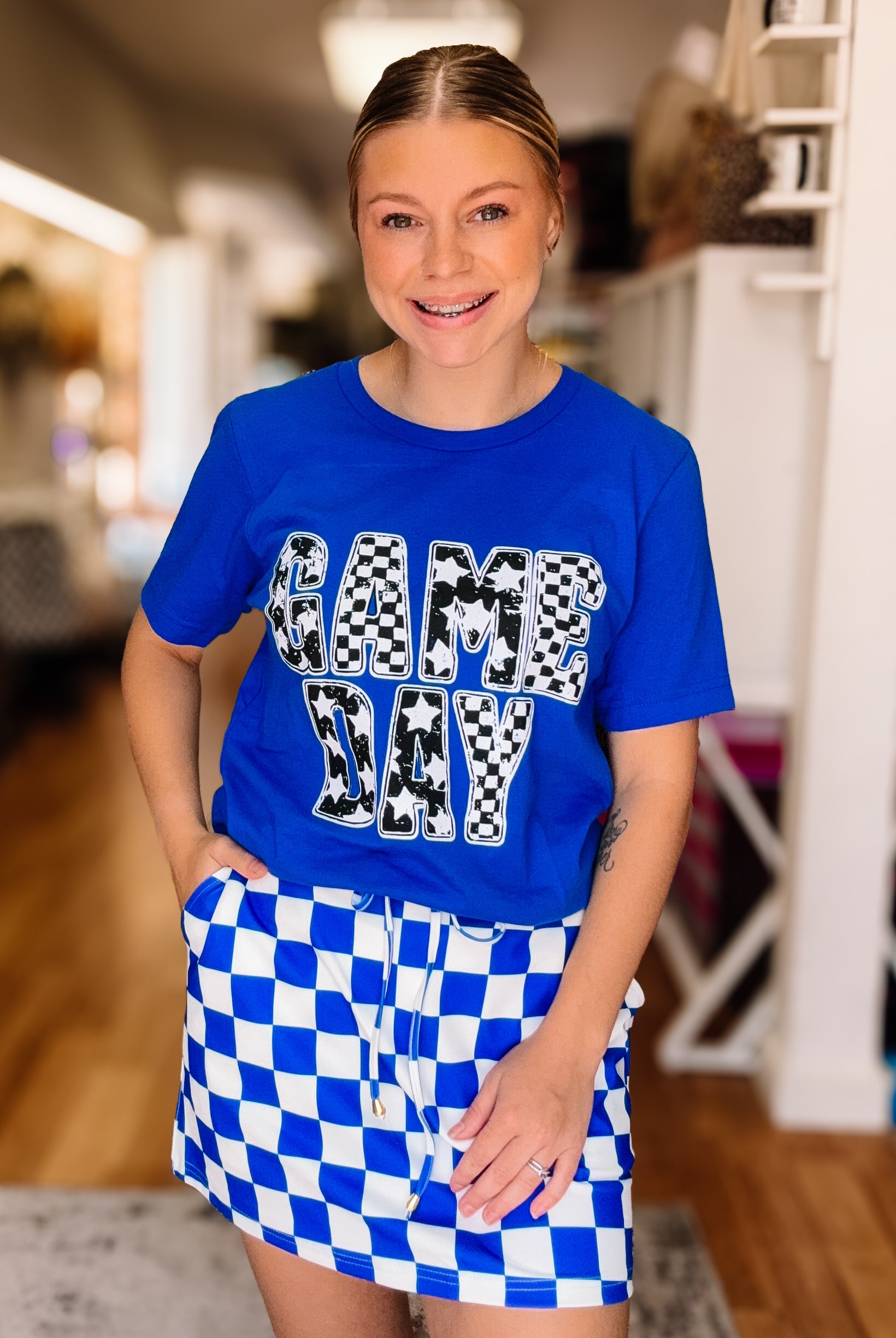 Let’s Go Checkered Everyday Skort- Royal Blue-Skort-Dear Me Southern Boutique, located in DeRidder, Louisiana