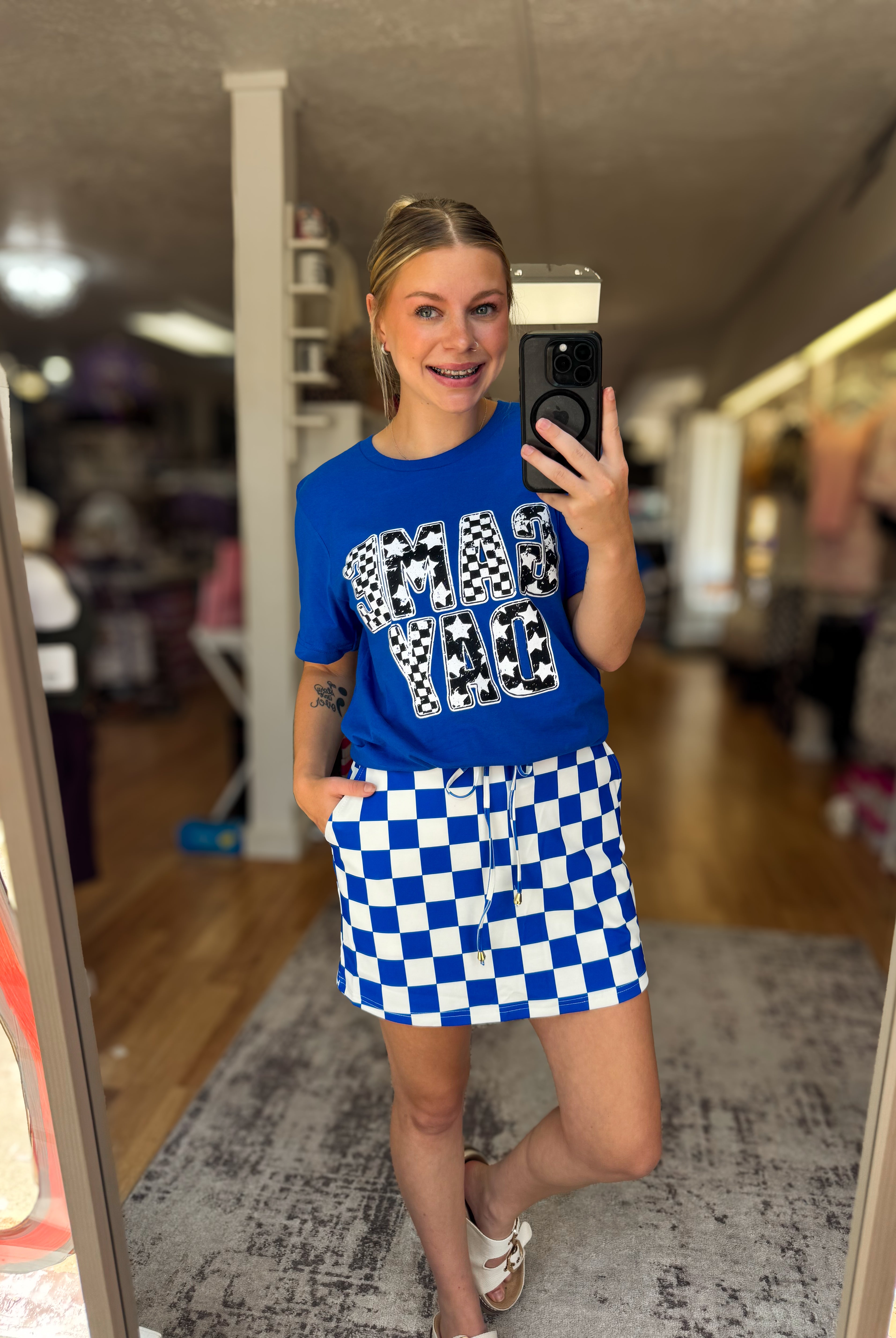 Let’s Go Checkered Everyday Skort- Royal Blue-Skort-Dear Me Southern Boutique, located in DeRidder, Louisiana