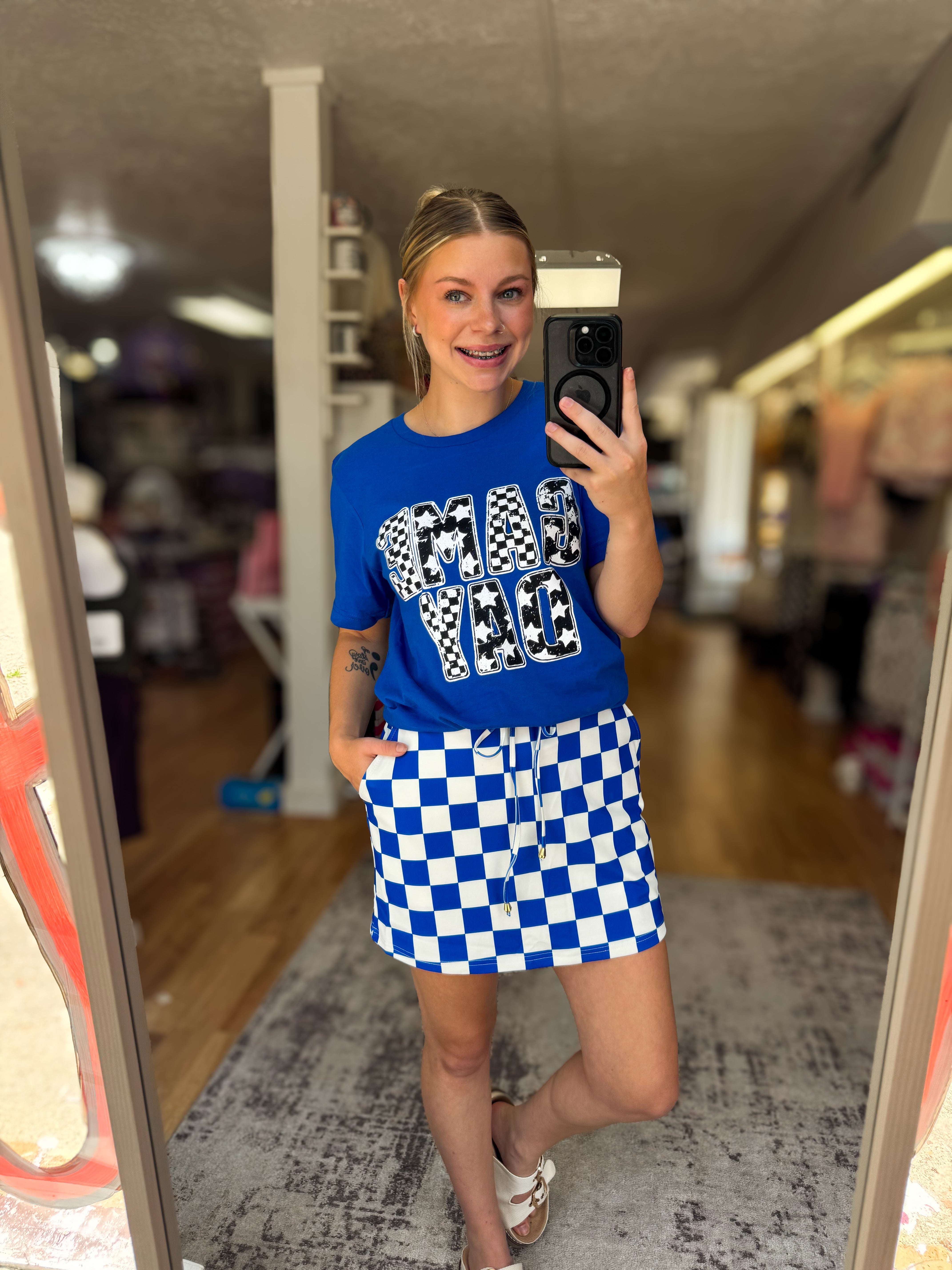 Let’s Go Checkered Everyday Skort- Royal Blue-Skort-Dear Me Southern Boutique, located in DeRidder, Louisiana