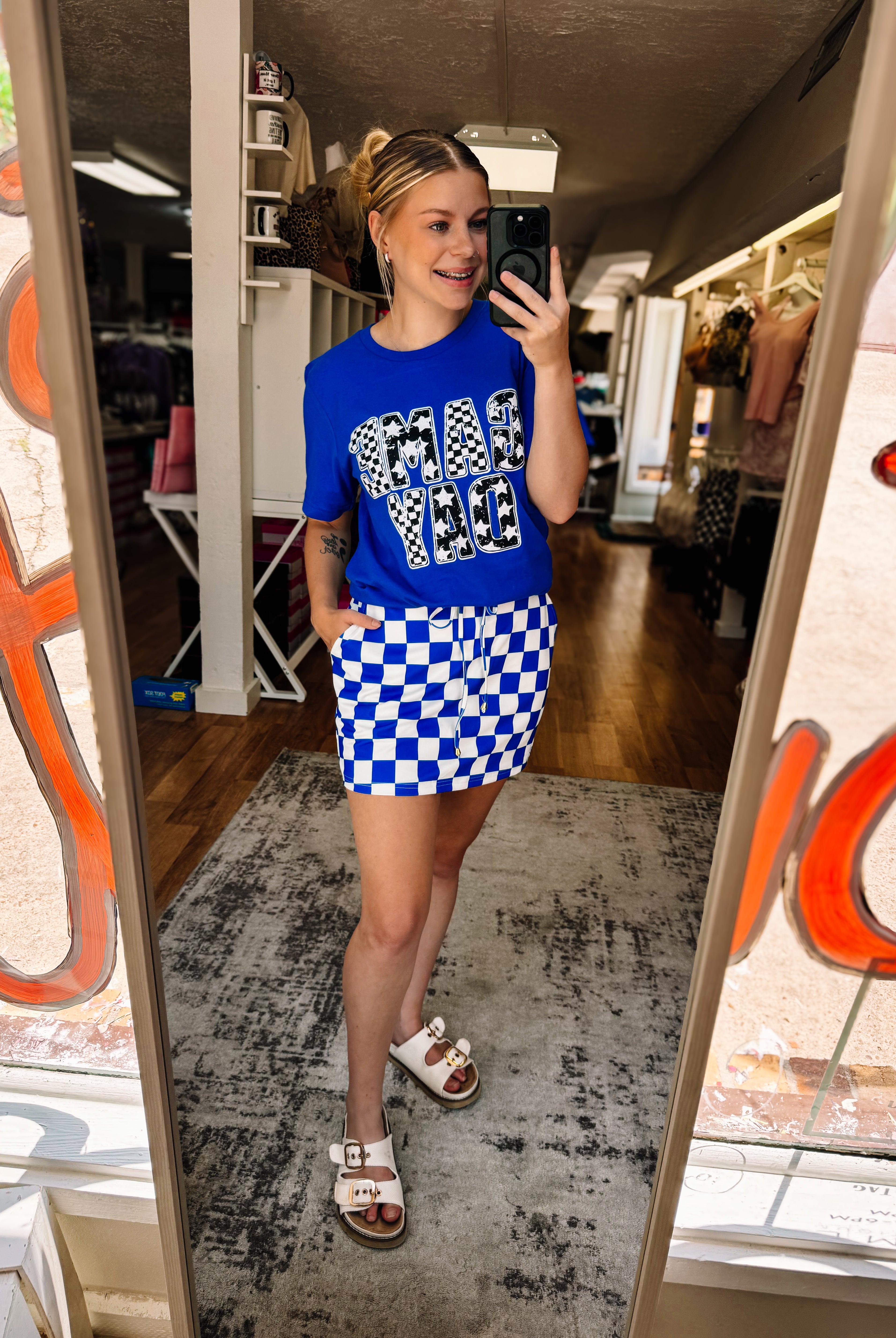 Let’s Go Checkered Everyday Skort- Royal Blue-Skort-Dear Me Southern Boutique, located in DeRidder, Louisiana