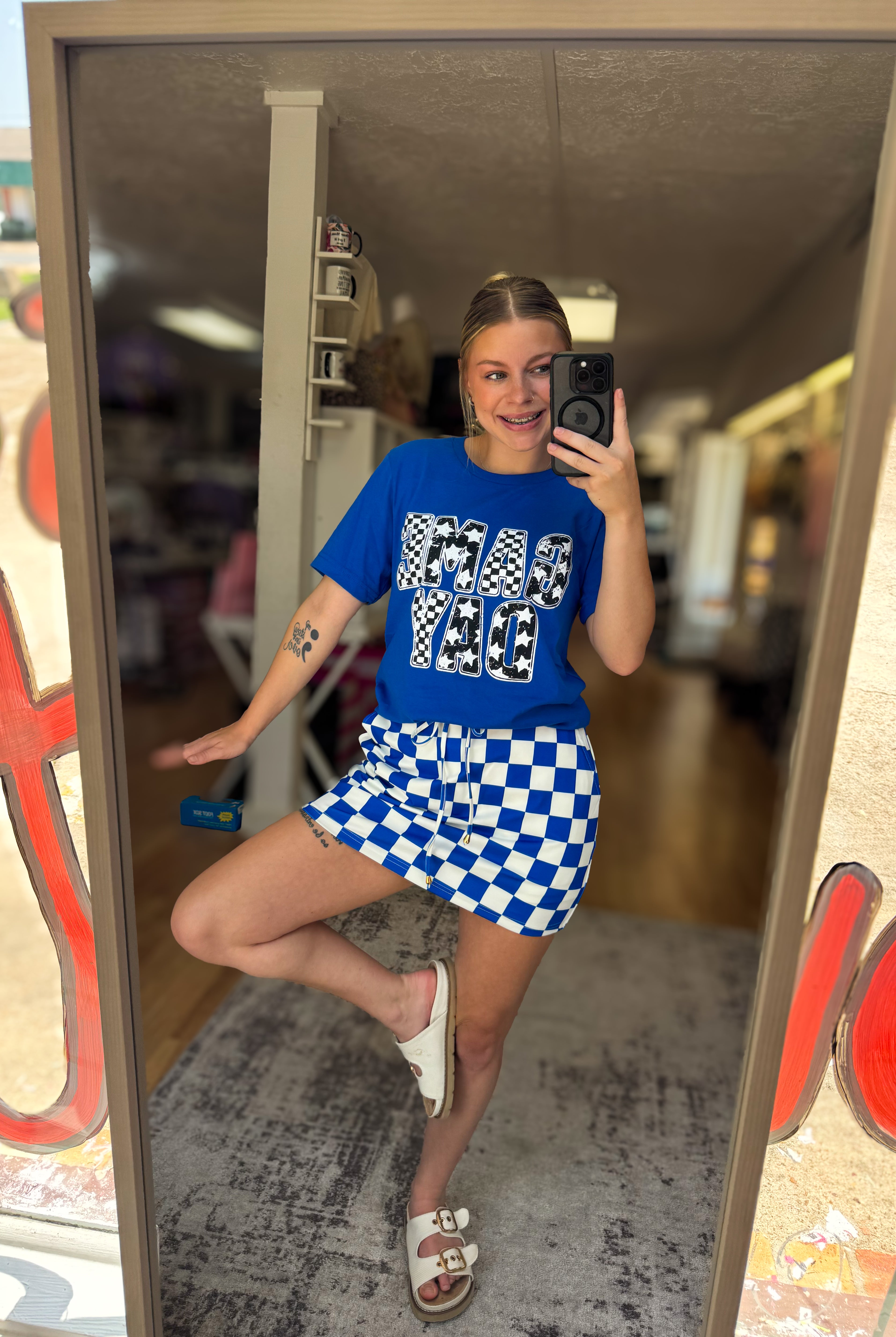 Let’s Go Checkered Everyday Skort- Royal Blue-Skort-Dear Me Southern Boutique, located in DeRidder, Louisiana