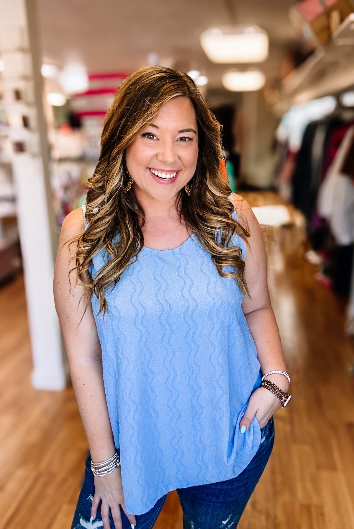Lettie Textured Flowy Tank - Sky Blue-Tanks/Bodysuits-Dear Me Southern Boutique, located in DeRidder, Louisiana