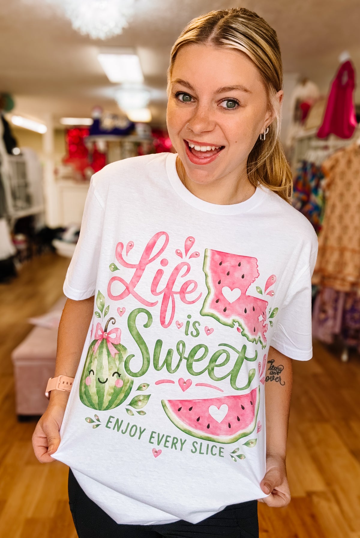 Life Is Sweet In Louisiana Bougie Rhinestone Tee-Tees-Dear Me Southern Boutique, located in DeRidder, Louisiana