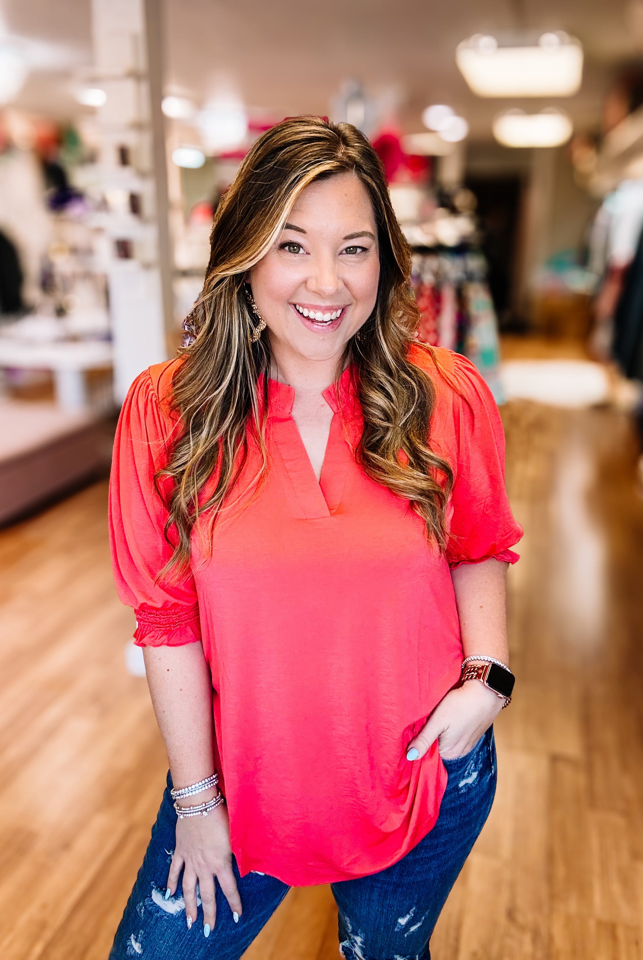 Linley 3/4 Sleeve Top- Hot Coral-Blouses-Dear Me Southern Boutique, located in DeRidder, Louisiana