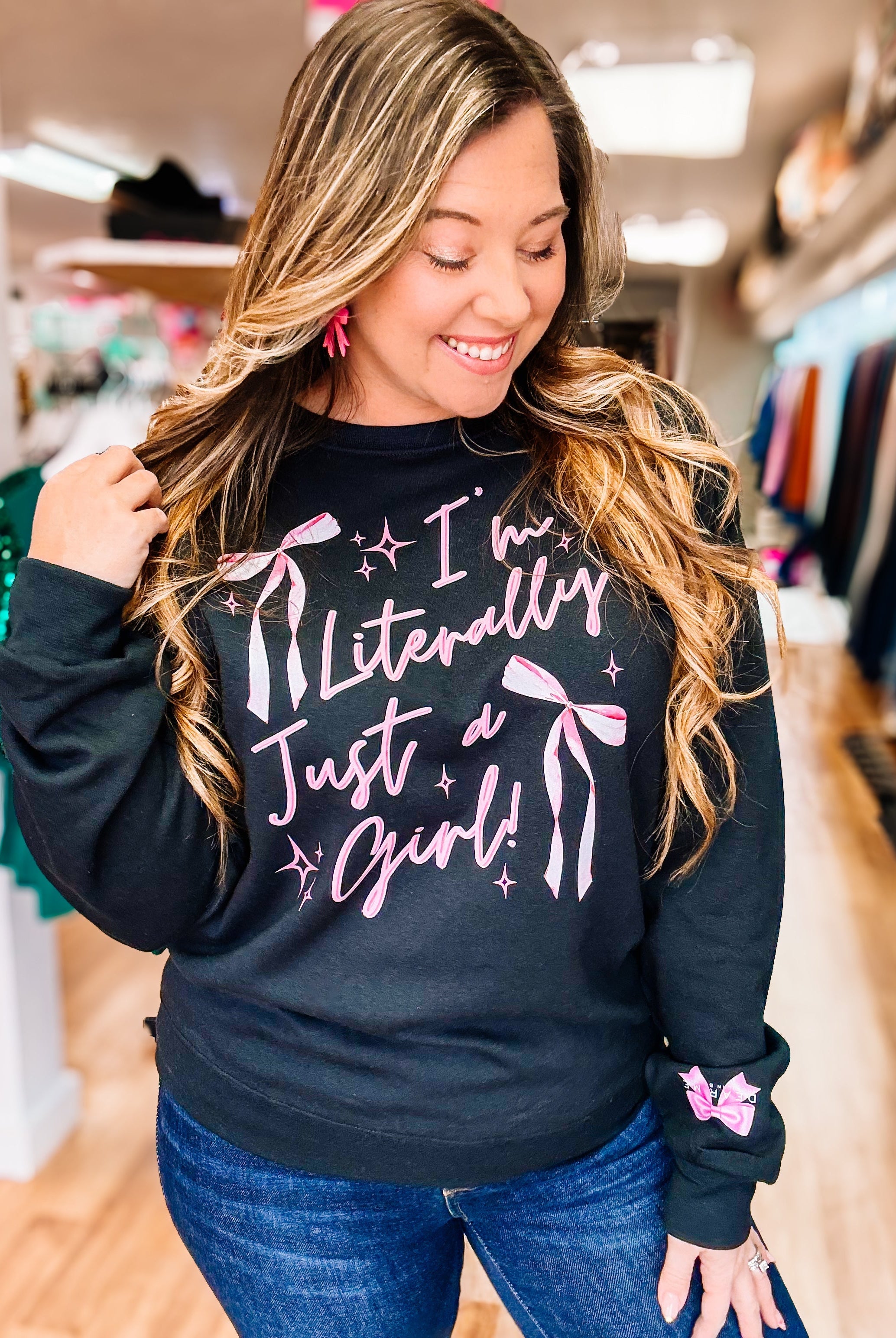 Literally Just A Girl Pullover Sweatshirt-Graphic Tops-Dear Me Southern Boutique, located in DeRidder, Louisiana