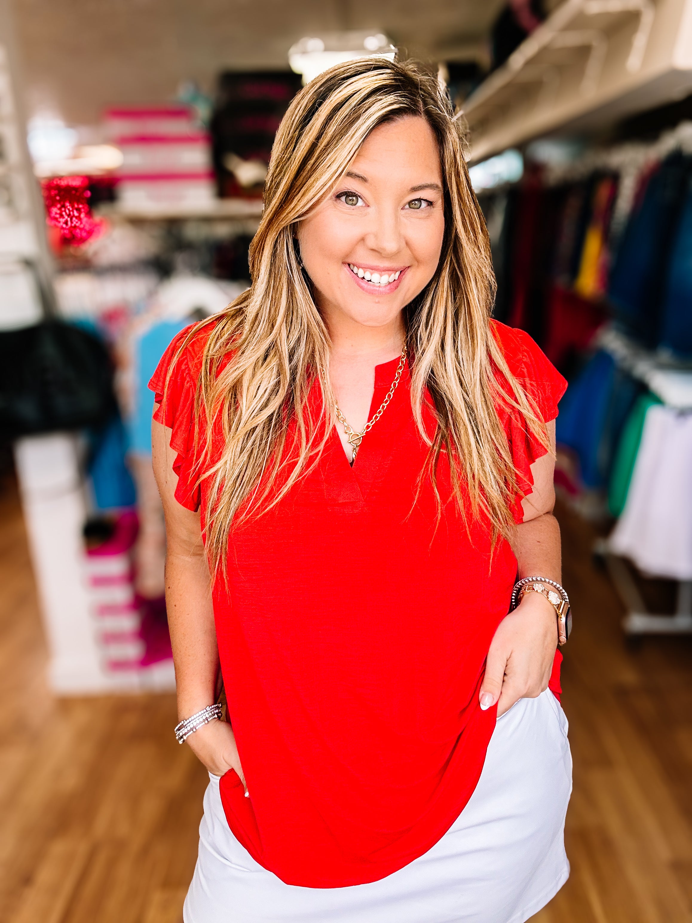 Lizzy Top- Red-Blouses-Dear Me Southern Boutique, located in DeRidder, Louisiana
