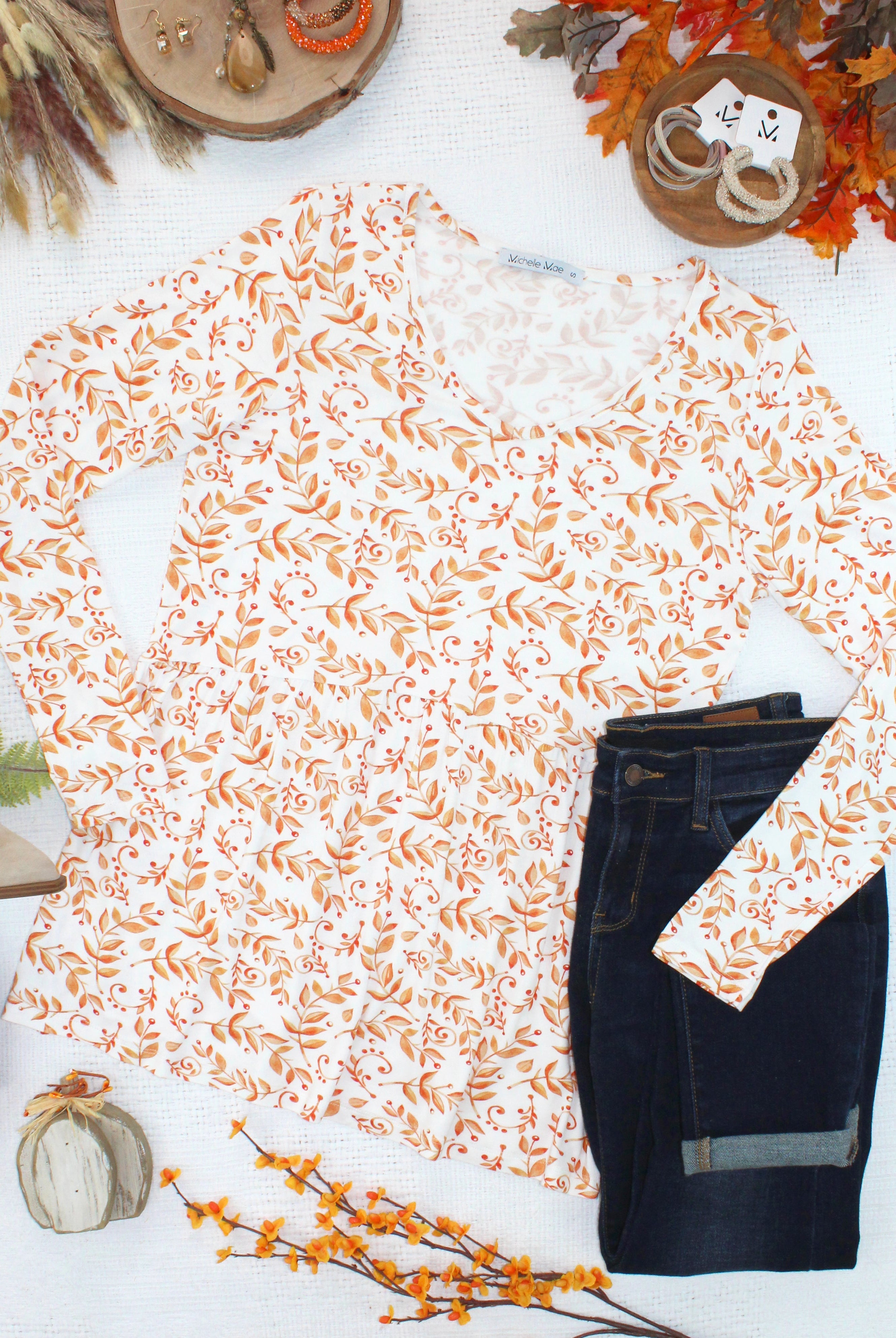 Long Sleeve Sarah Ruffle Top - Autumn Vines-Tops-Dear Me Southern Boutique, located in DeRidder, Louisiana