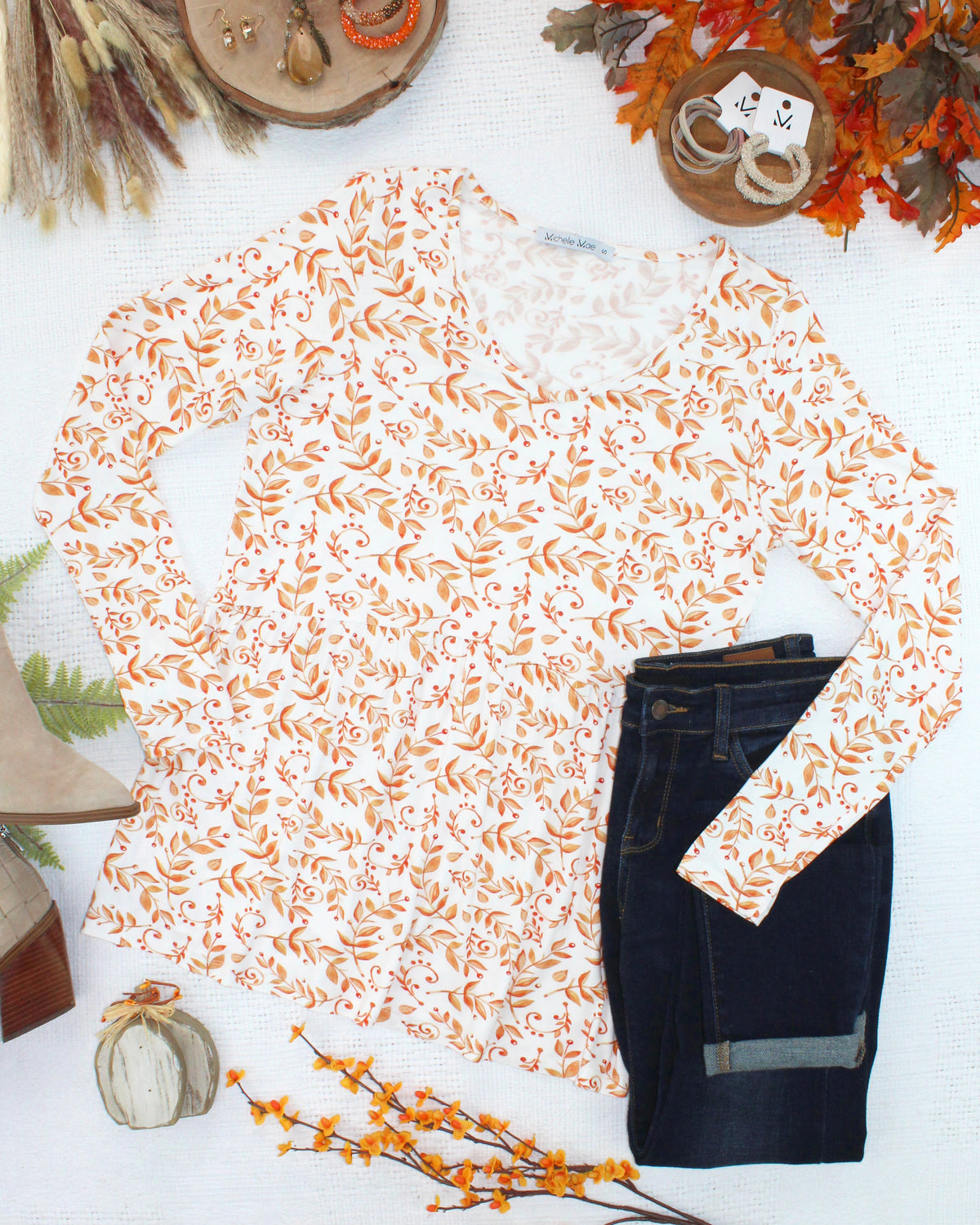 Long Sleeve Sarah Ruffle Top - Autumn Vines-Tops-Dear Me Southern Boutique, located in DeRidder, Louisiana