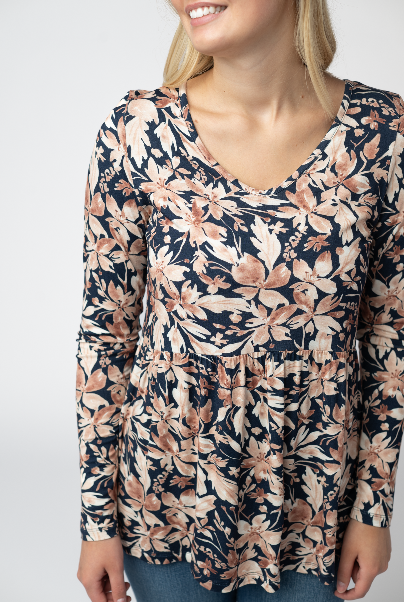 Long Sleeve Sarah Ruffle Top - Navy Autumn Petals-Tops-Dear Me Southern Boutique, located in DeRidder, Louisiana