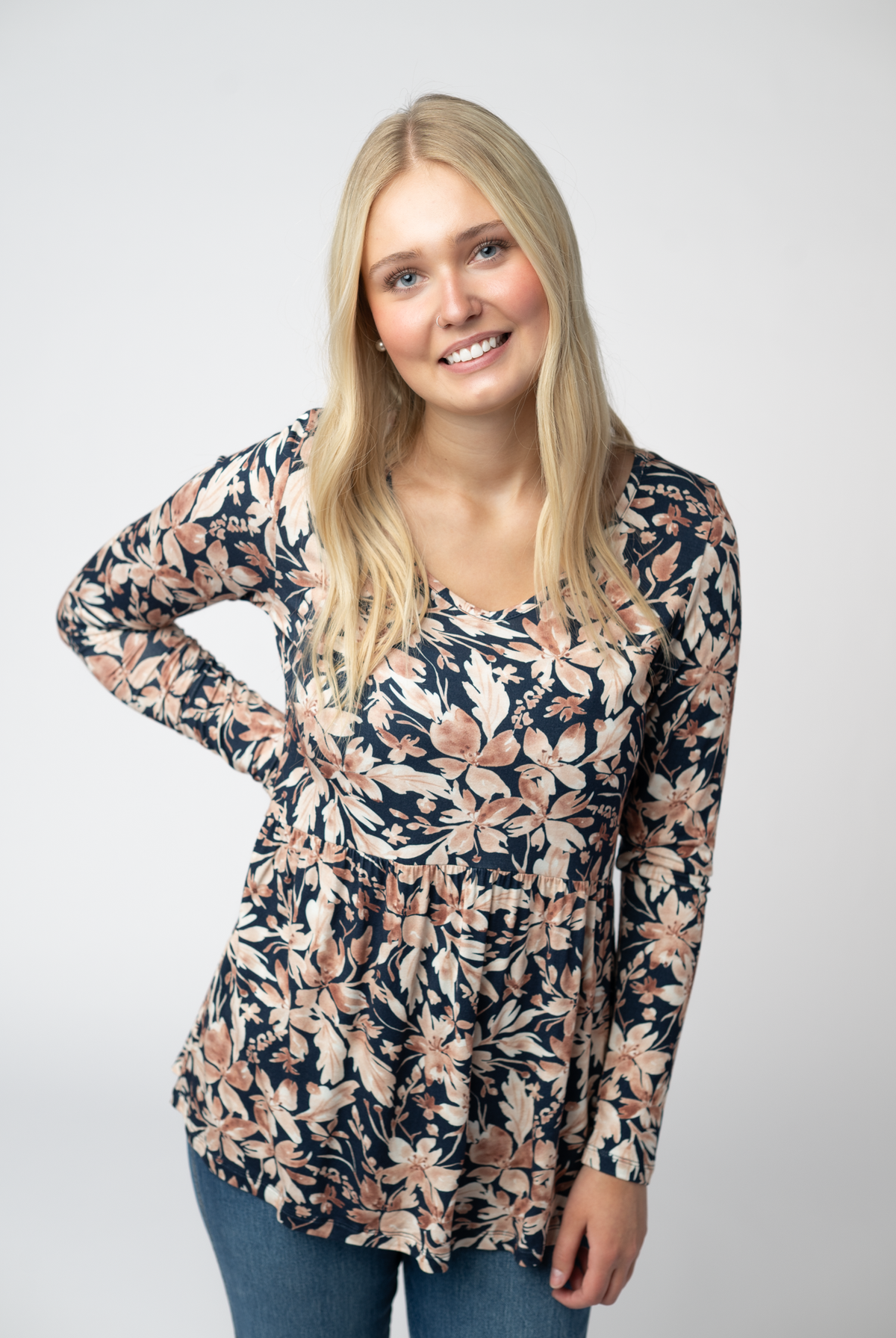 Long Sleeve Sarah Ruffle Top - Navy Autumn Petals-Tops-Dear Me Southern Boutique, located in DeRidder, Louisiana