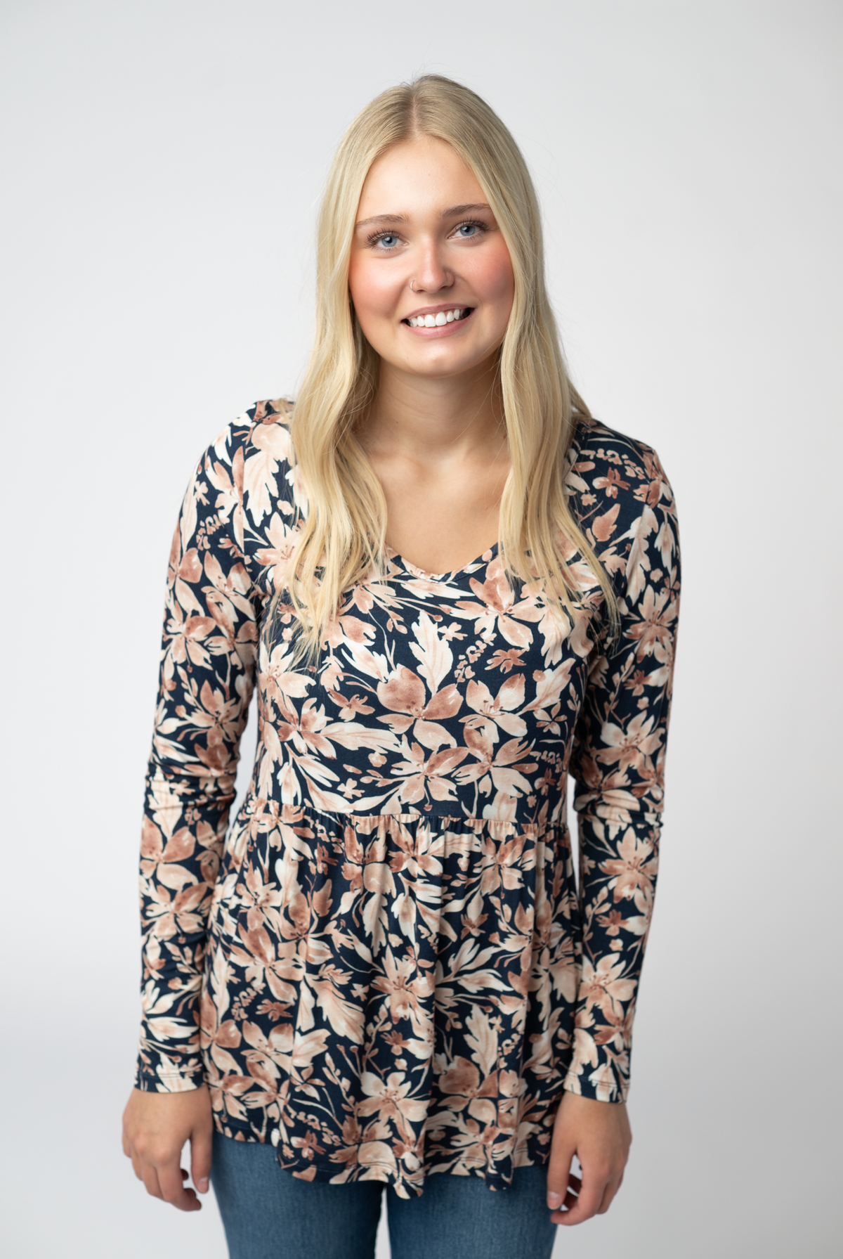 Long Sleeve Sarah Ruffle Top - Navy Autumn Petals-Tops-Dear Me Southern Boutique, located in DeRidder, Louisiana