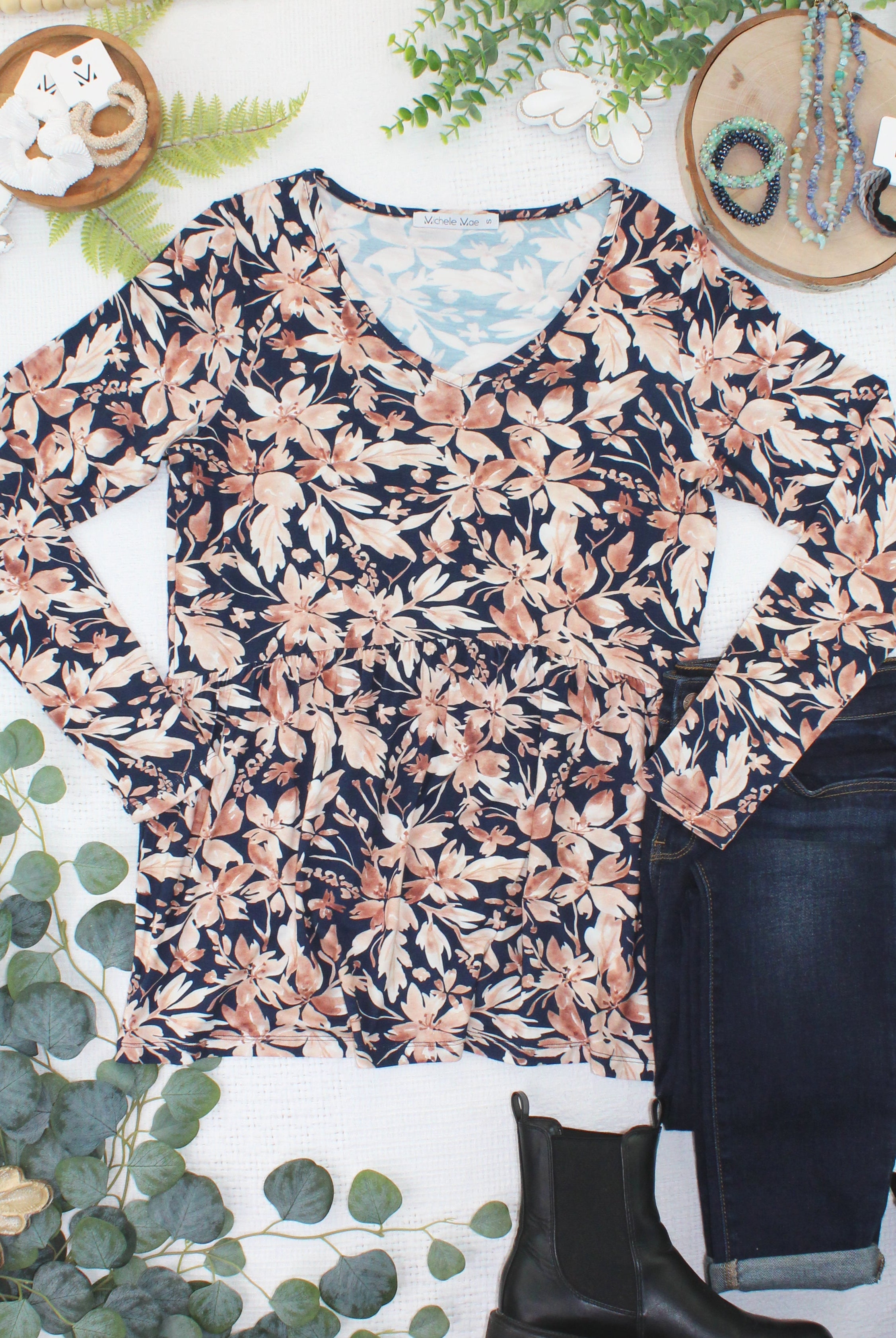 Long Sleeve Sarah Ruffle Top - Navy Autumn Petals-Tops-Dear Me Southern Boutique, located in DeRidder, Louisiana
