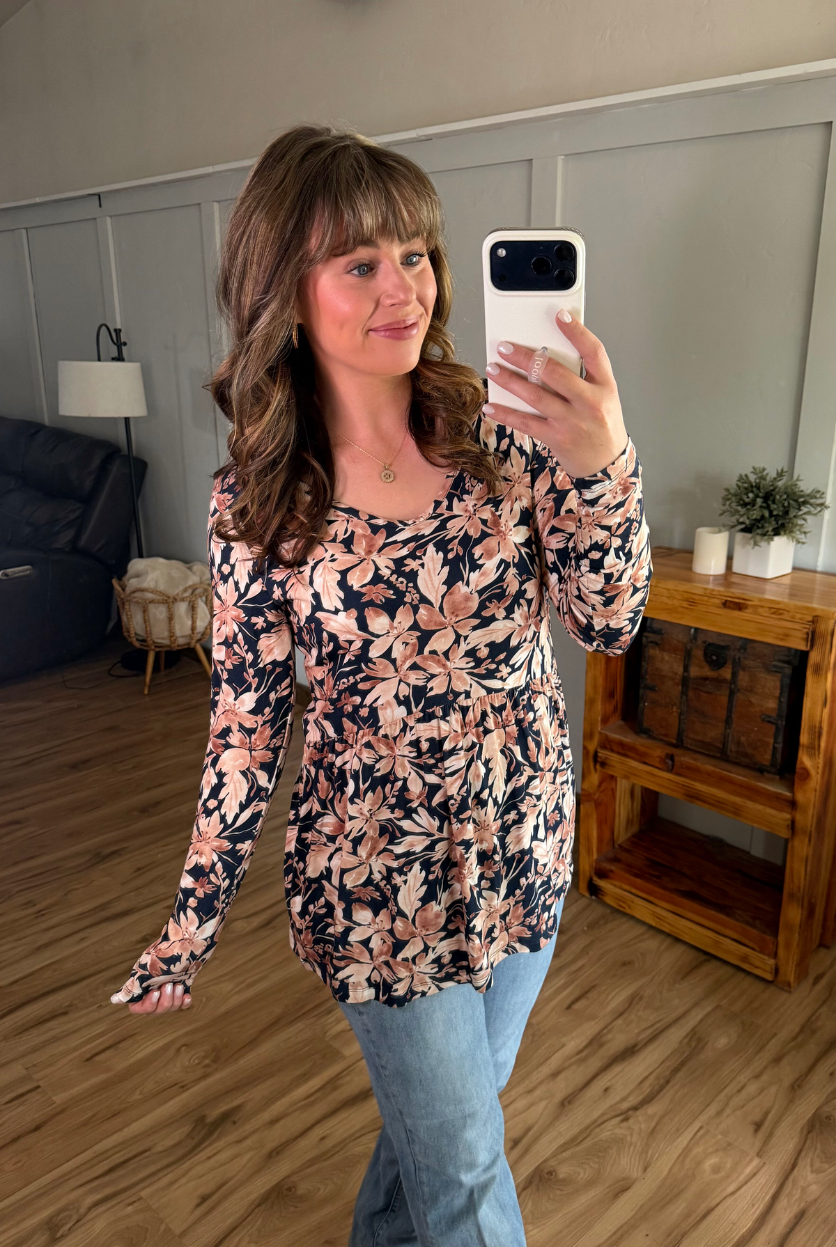Long Sleeve Sarah Ruffle Top - Navy Autumn Petals-Tops-Dear Me Southern Boutique, located in DeRidder, Louisiana