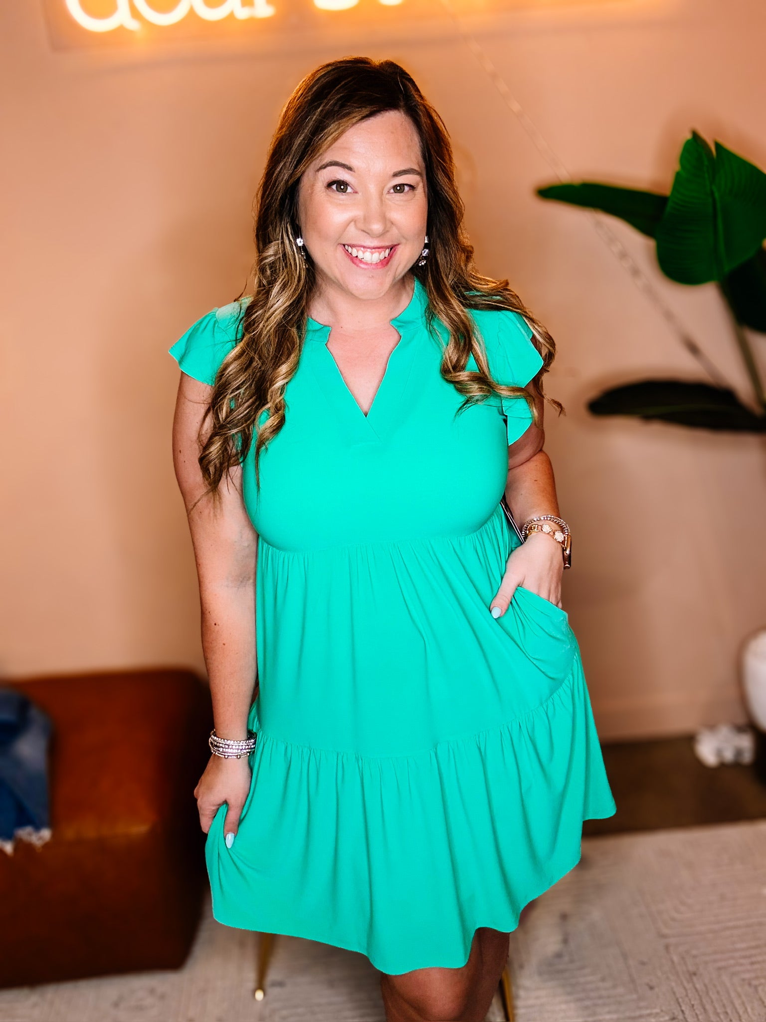 Louise Ruffle Sleeve Dress-Emerald-Dresses-Dear Me Southern Boutique, located in DeRidder, Louisiana
