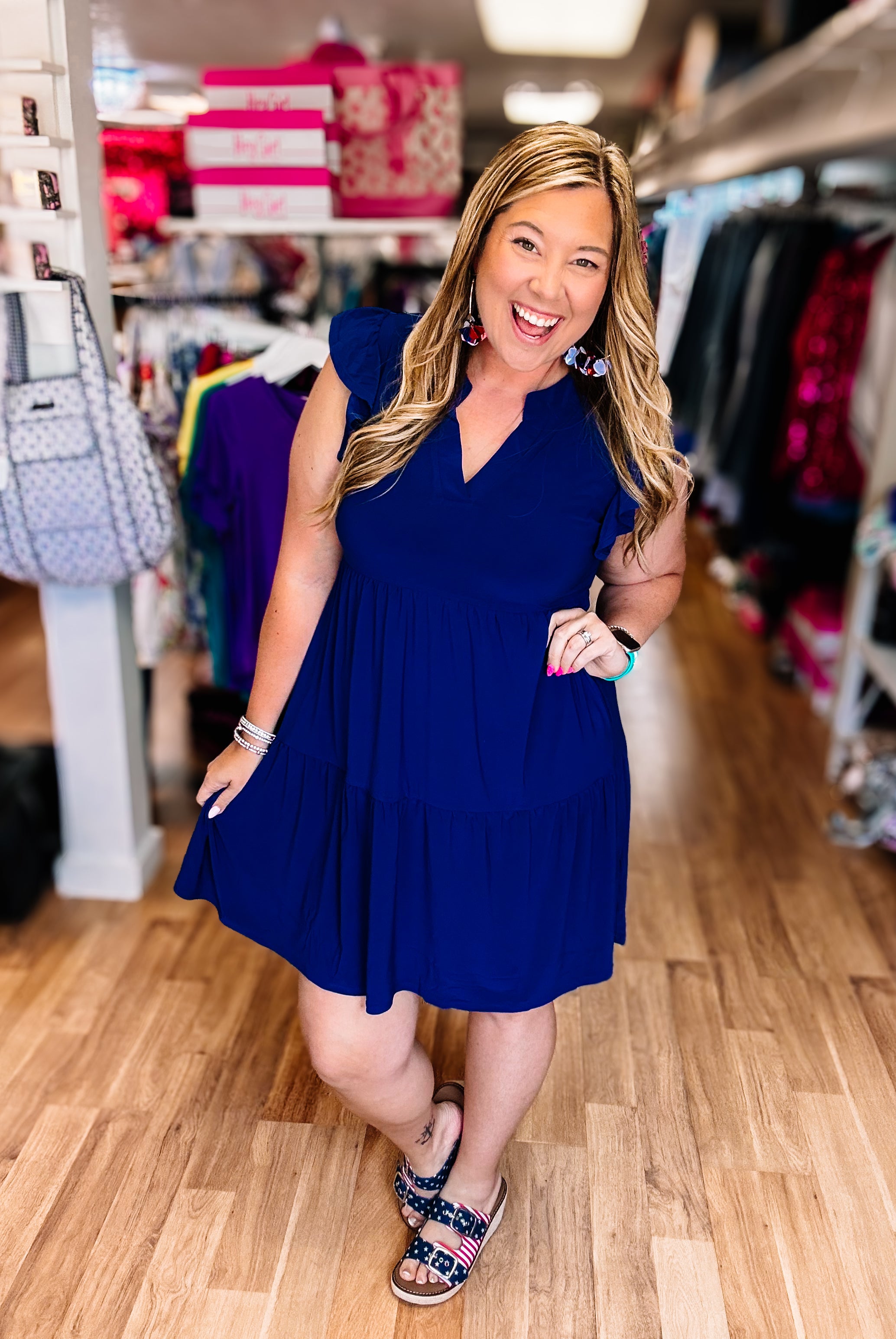 Louise Ruffle Sleeve Dress-Navy-Dress-Dear Me Southern Boutique, located in DeRidder, Louisiana