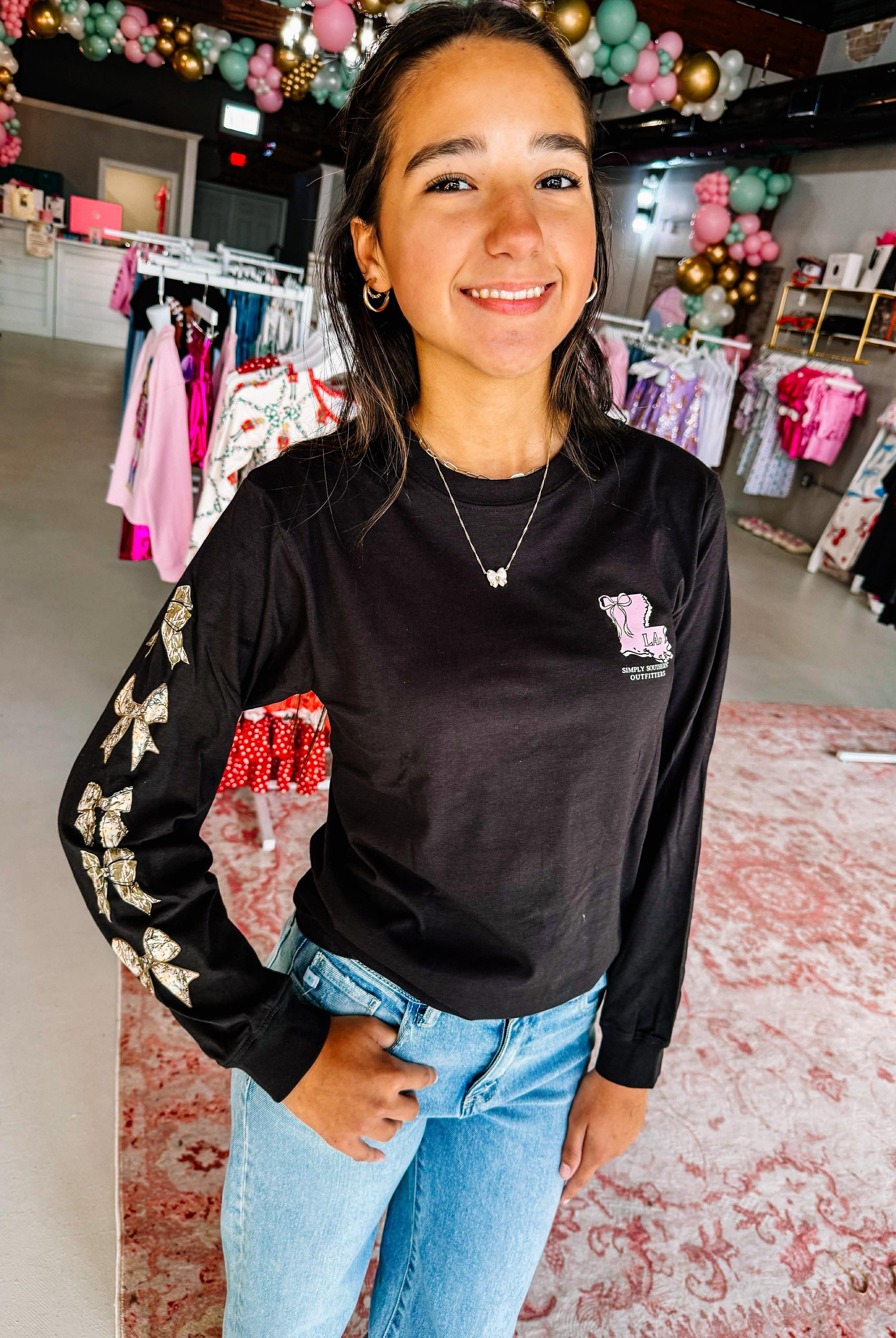 Louisiana Lovin' Bow Long Sleeve Tee-Graphic Tops-Dear Me Southern Boutique, located in DeRidder, Louisiana
