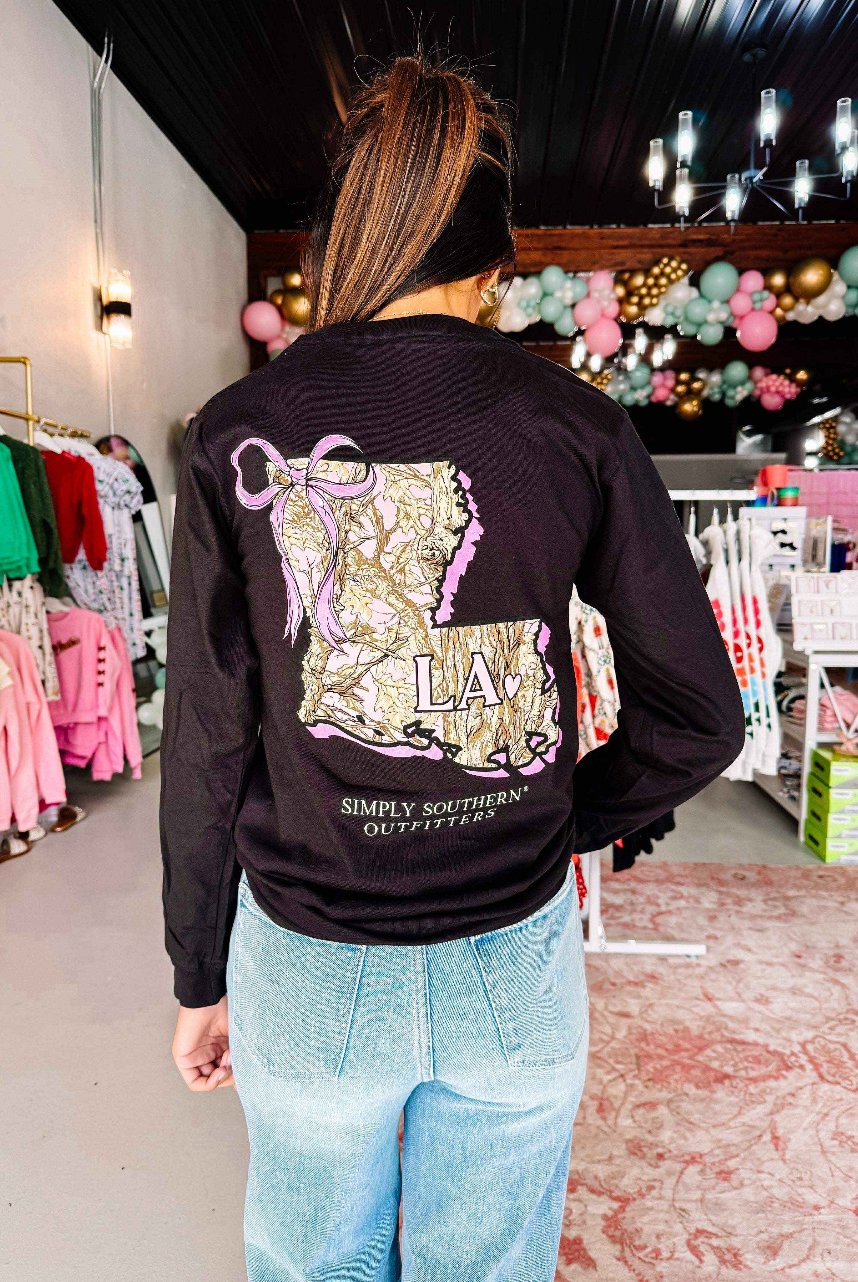 Louisiana Lovin' Bow Long Sleeve Tee-Graphic Tops-Dear Me Southern Boutique, located in DeRidder, Louisiana